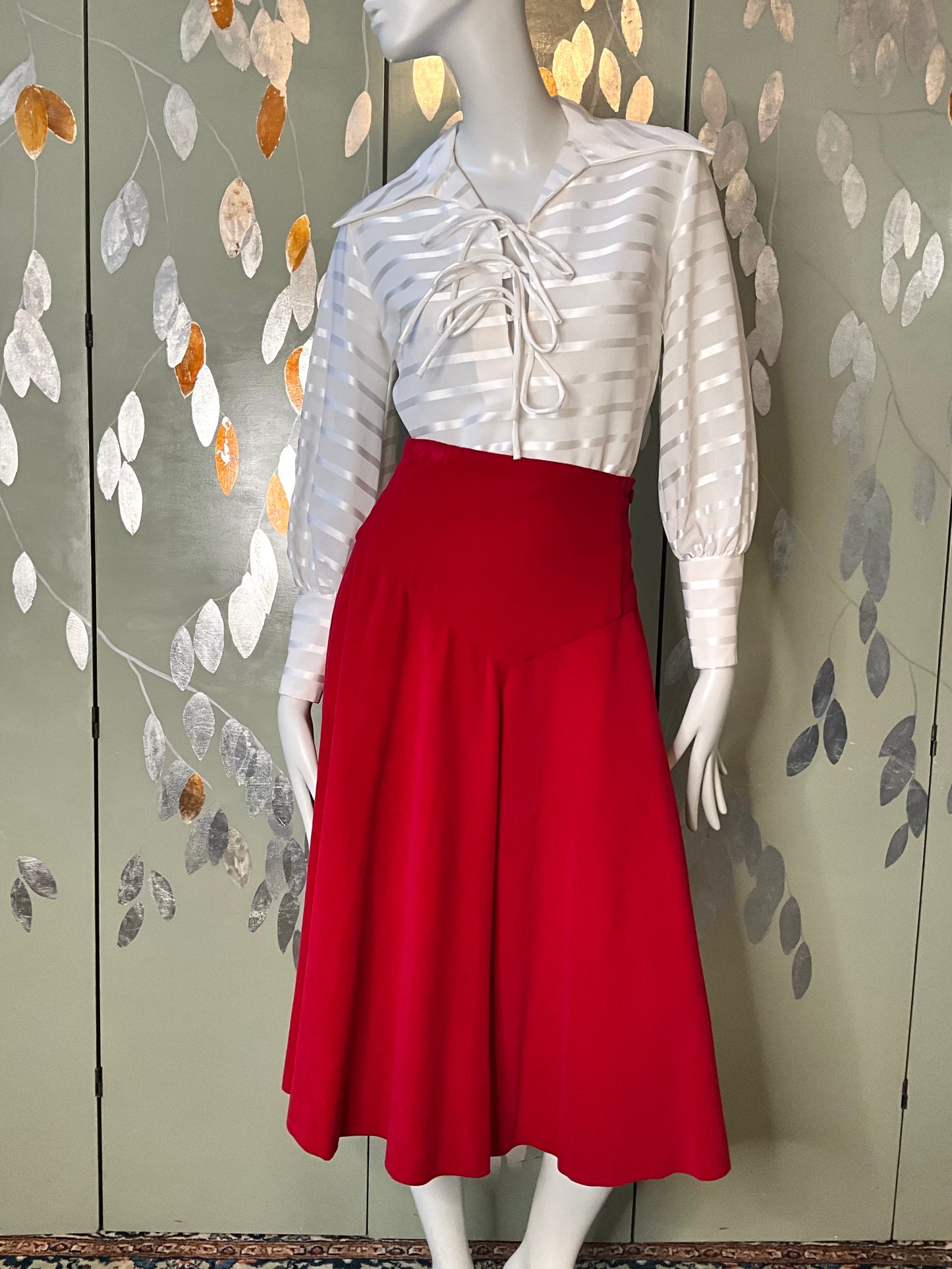 Vintage 1950s Red Velvet Basque Waist Circle Skirt, Small 