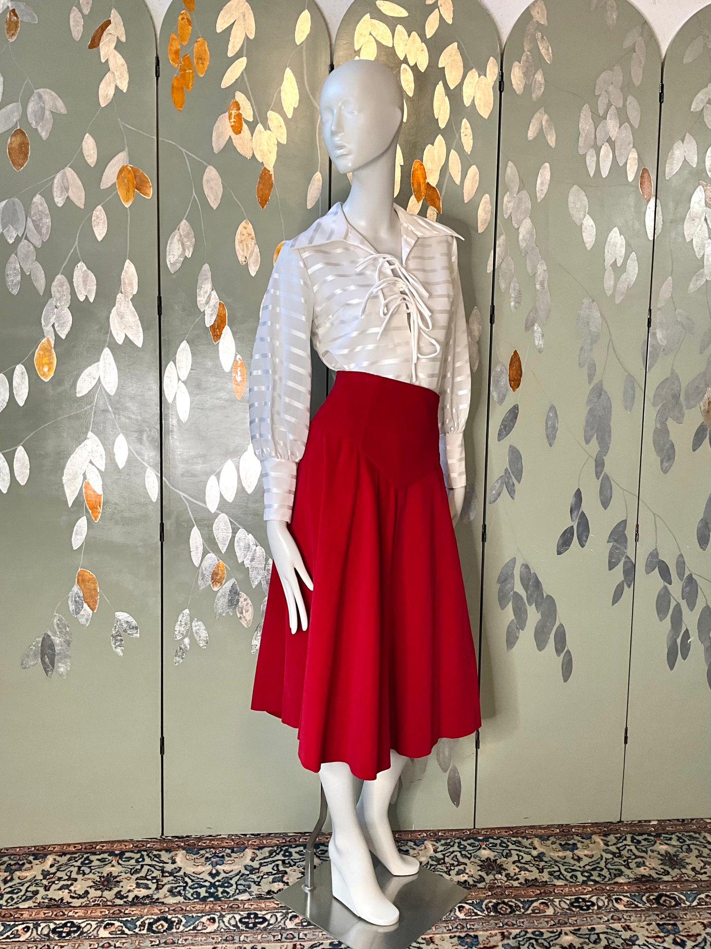 Vintage 1950s Red Velvet Basque Waist Circle Skirt, Small 