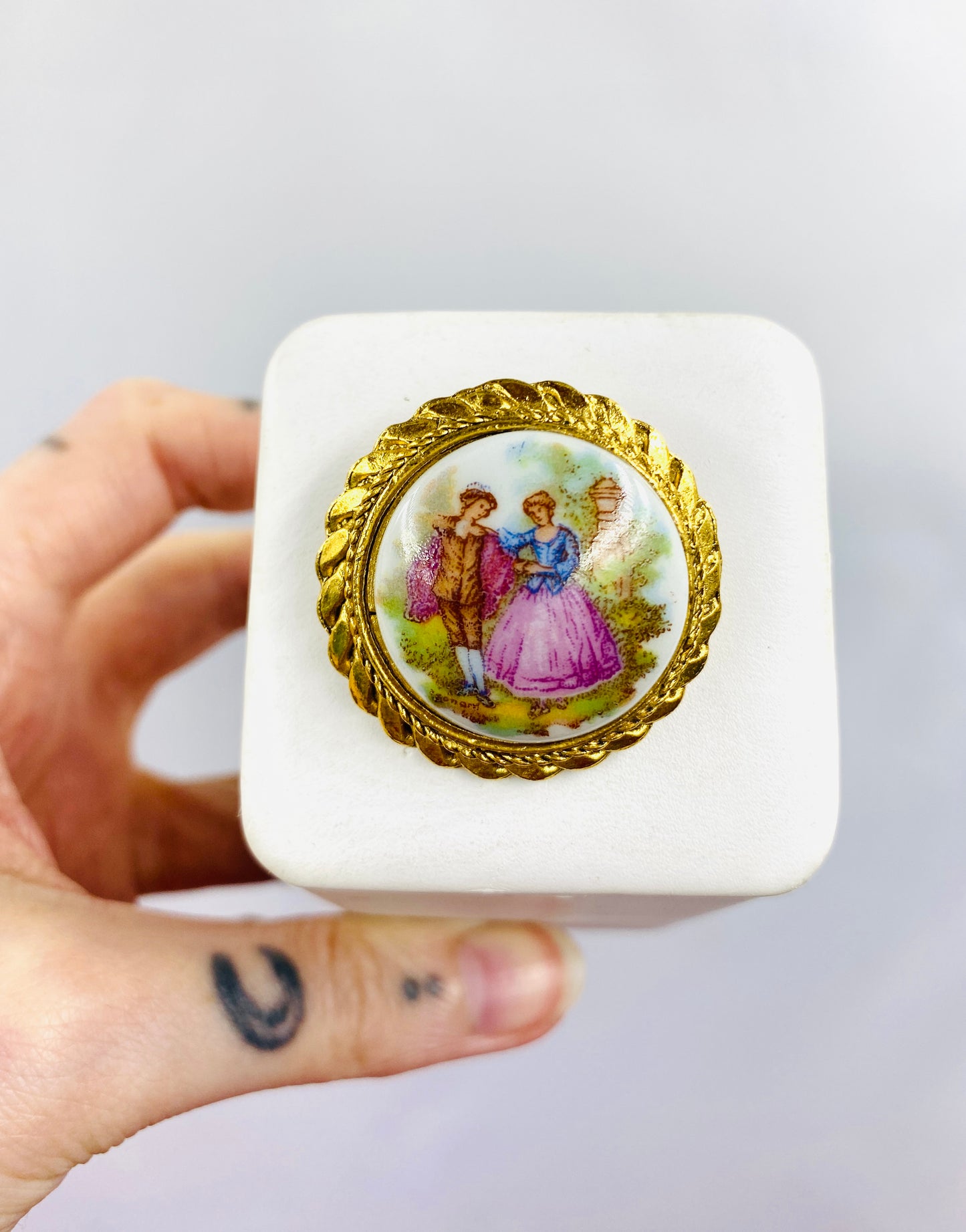 Vintage Painted Ceramic Round Brooch, Miniature Courtship Scene