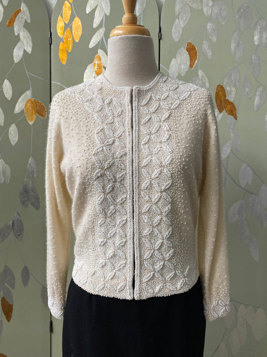 Vintage 1950s White Beaded Cardigan, Small 