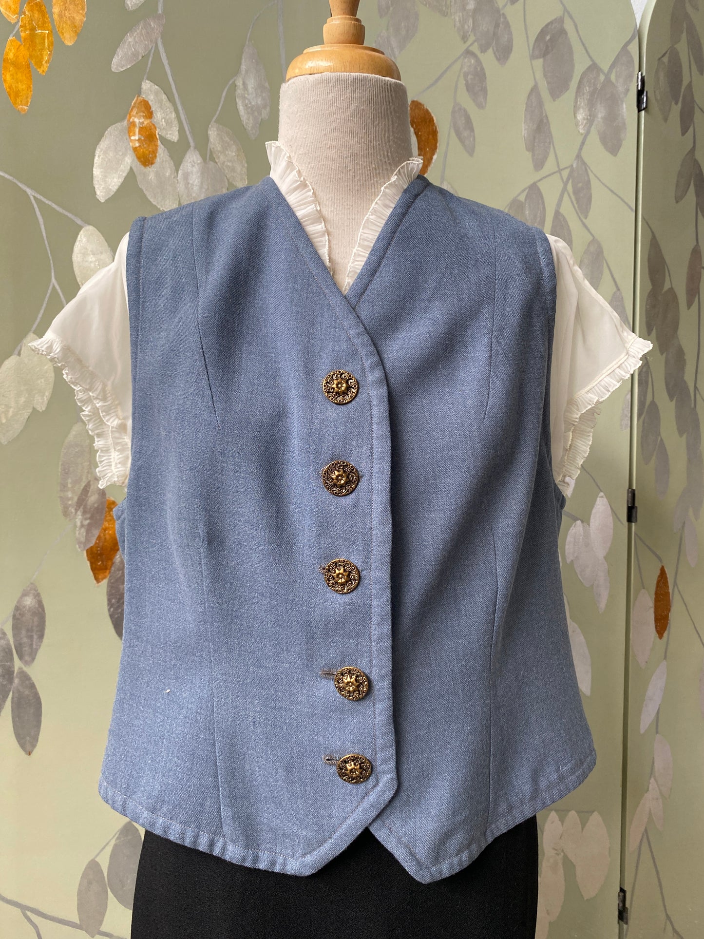 Vintage 1950s Blue Waistcoat with Metal Buttons, Large 
