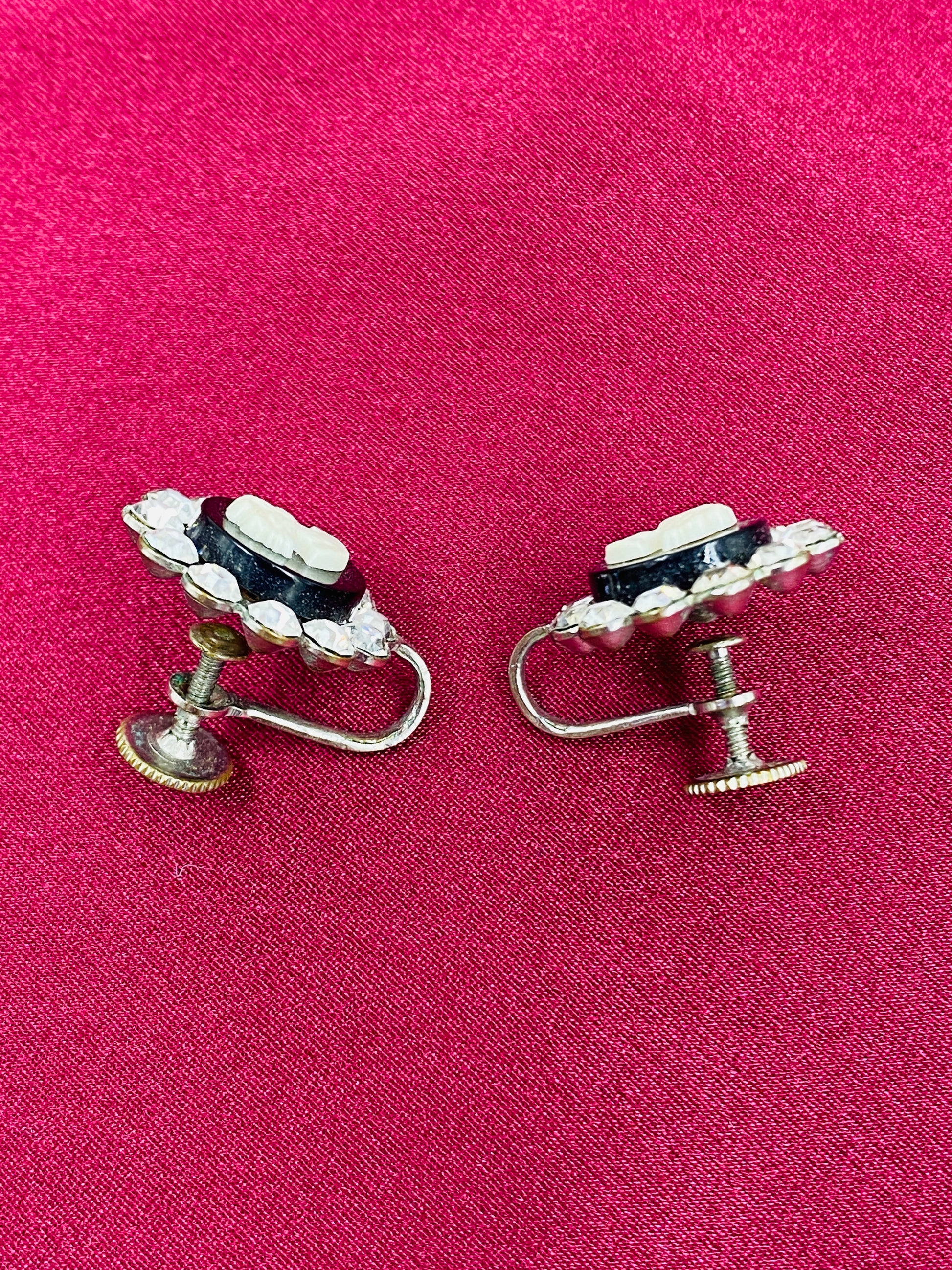 Vintage Silver & Black Cameo Diamanté Earrings & Brooch Set