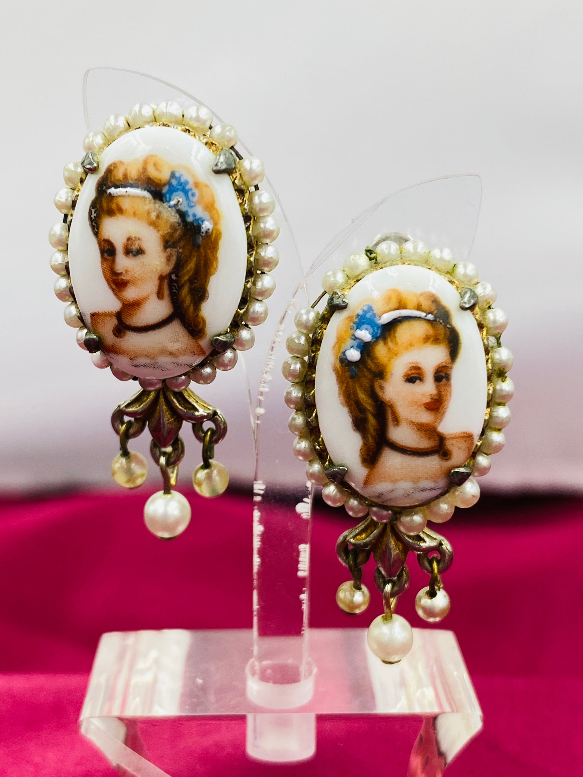 Vintage 1980s Clip-On Porcelain Portrait Earrings & Bracelet Set, Limoges