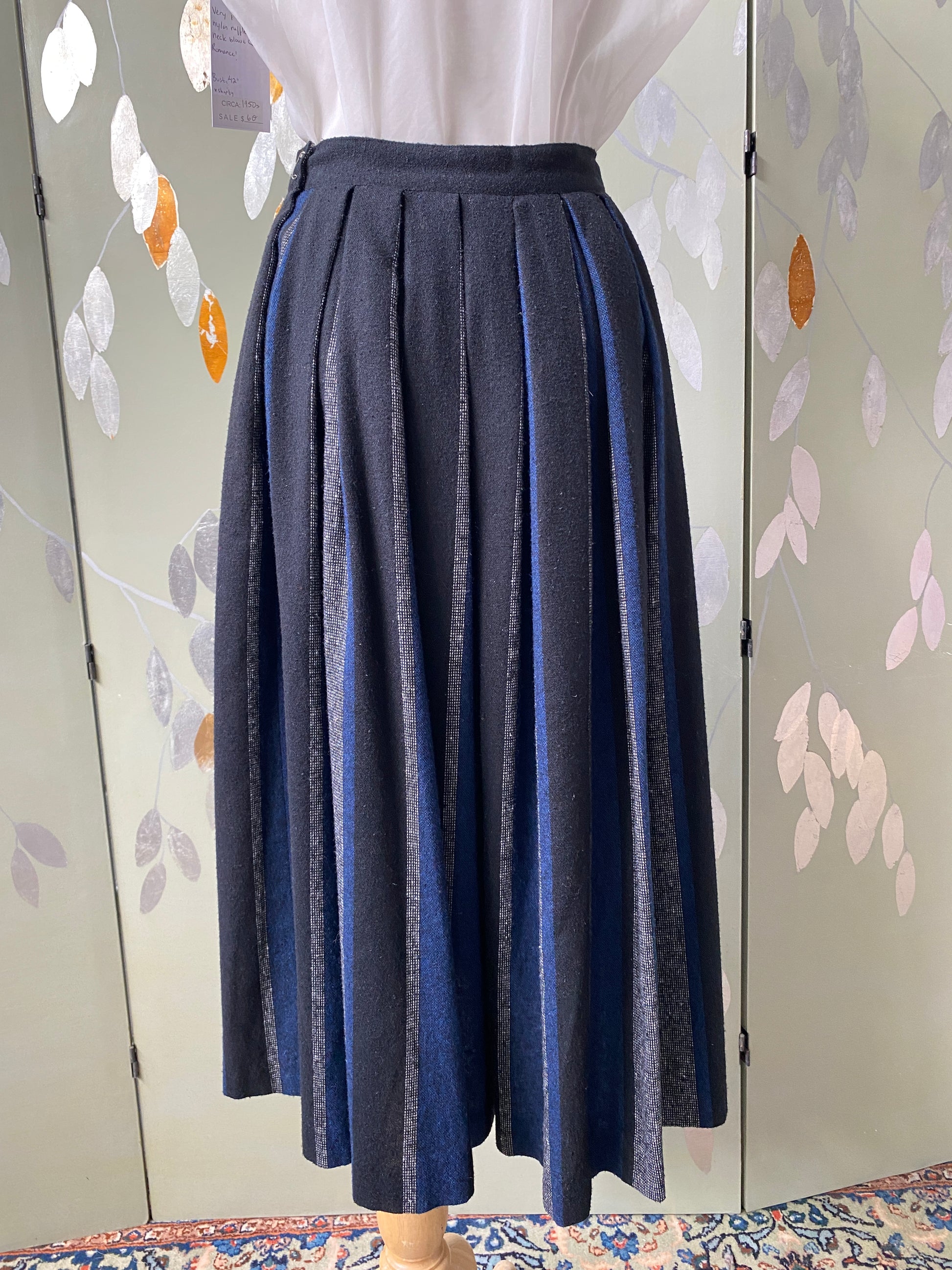 Vintage 1980s Black & Blue Stripe Wool Invert Pleat Skirt, W27"