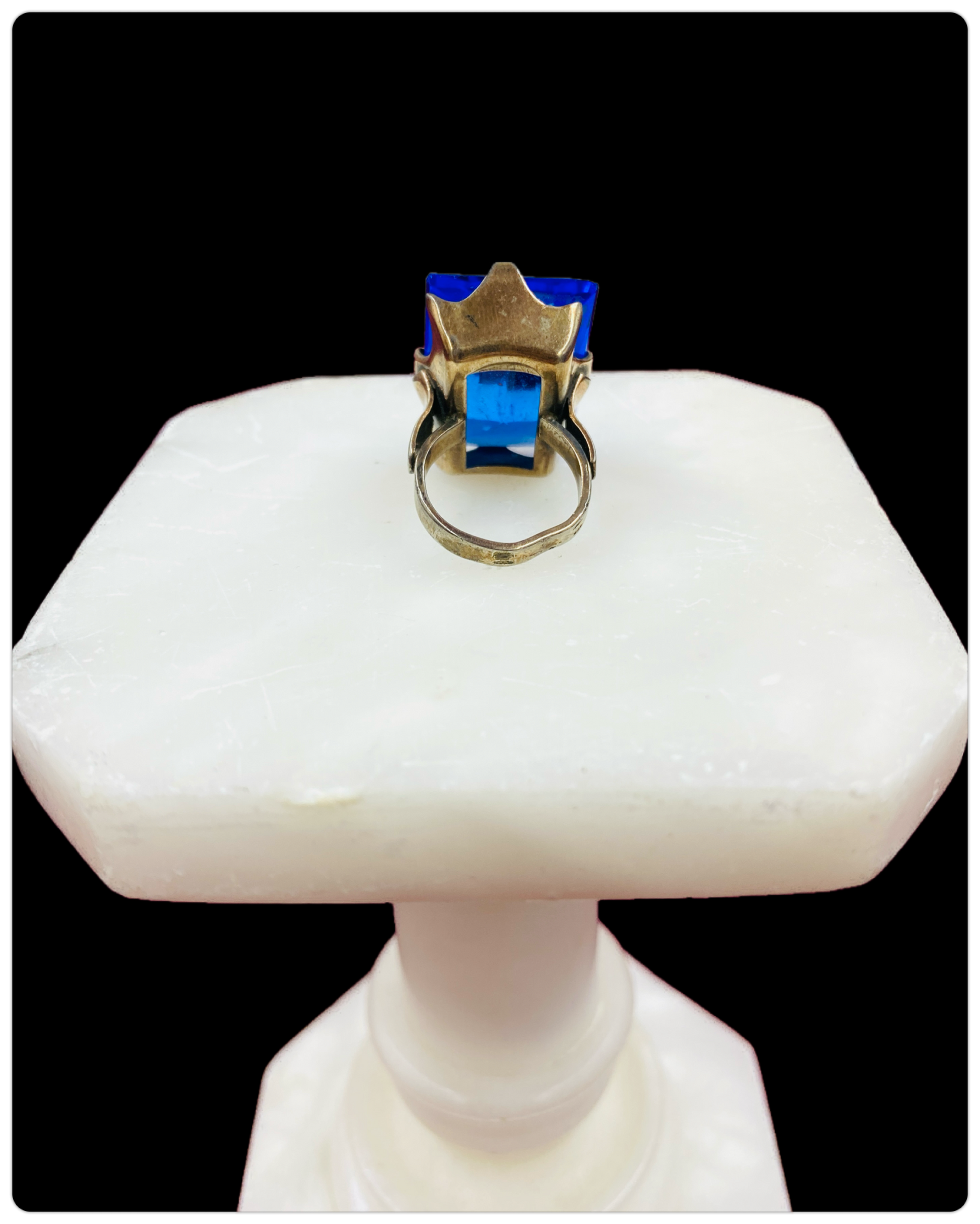 Vintage Art Deco Large Emerald Cut Blue Glass Stone Ring, Size 4.5