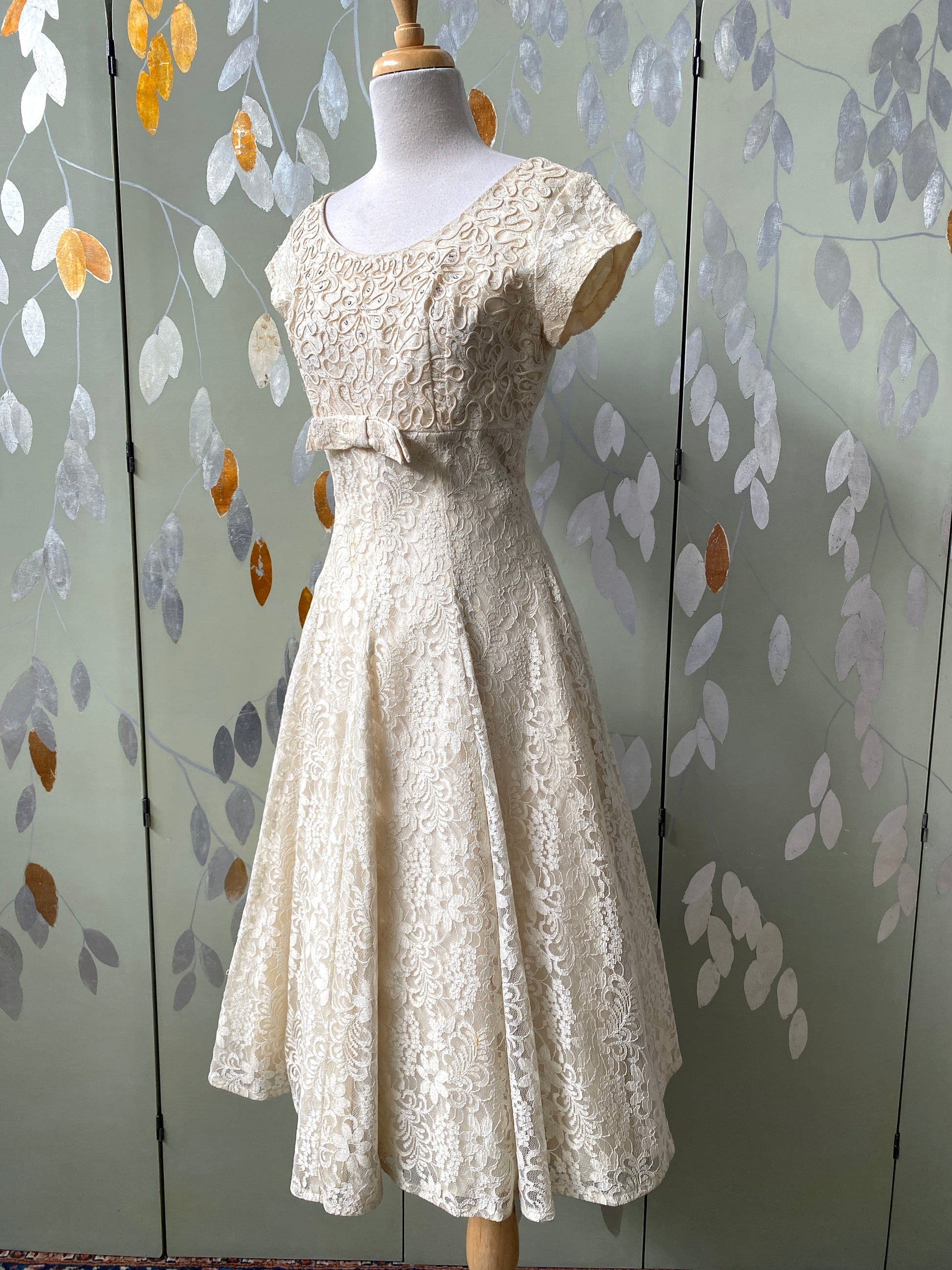 Vintage 1950s Cream Lace Cocktail Dress with Embellished Bodice, B34" Ian Drummond Vintage Vintage 1950s Cream Lace Cocktail Dress with Embellished Bodice, B34" Ian Drummond Vintage
