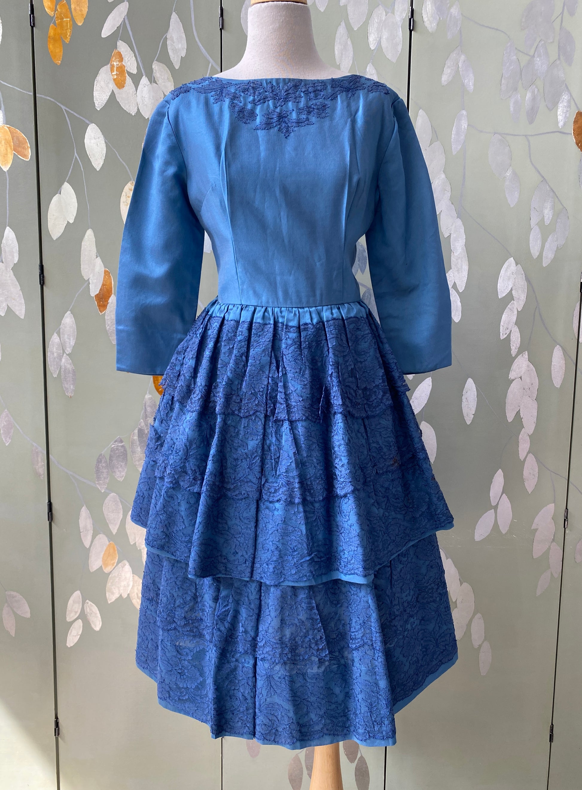 Vintage 1950s Blue Tiered Cocktail Dress with Lace, Small Vintage 1950s Blue Tiered Cocktail Dress with Lace, Small