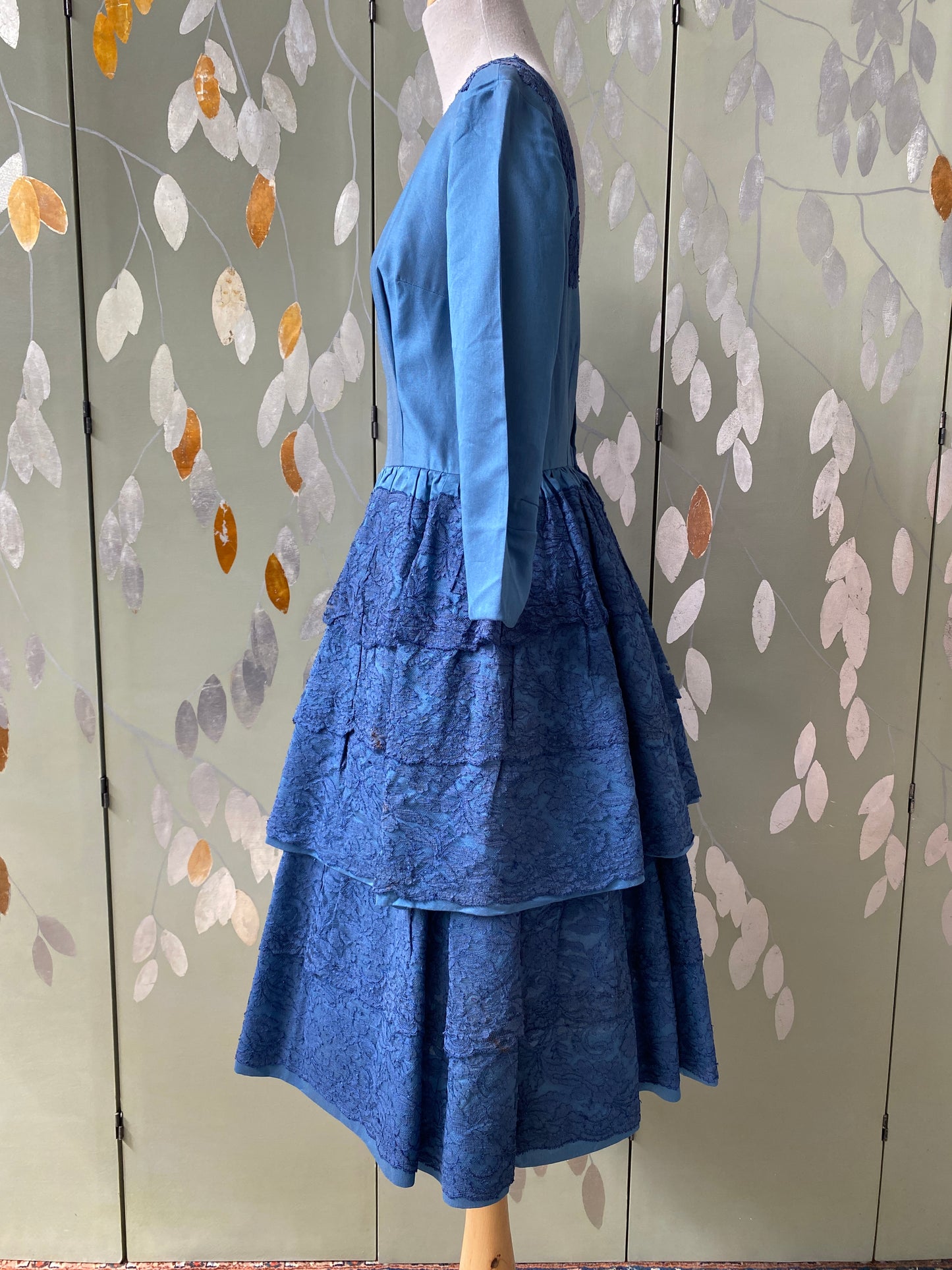 Vintage 1950s Blue Tiered Cocktail Dress, Small