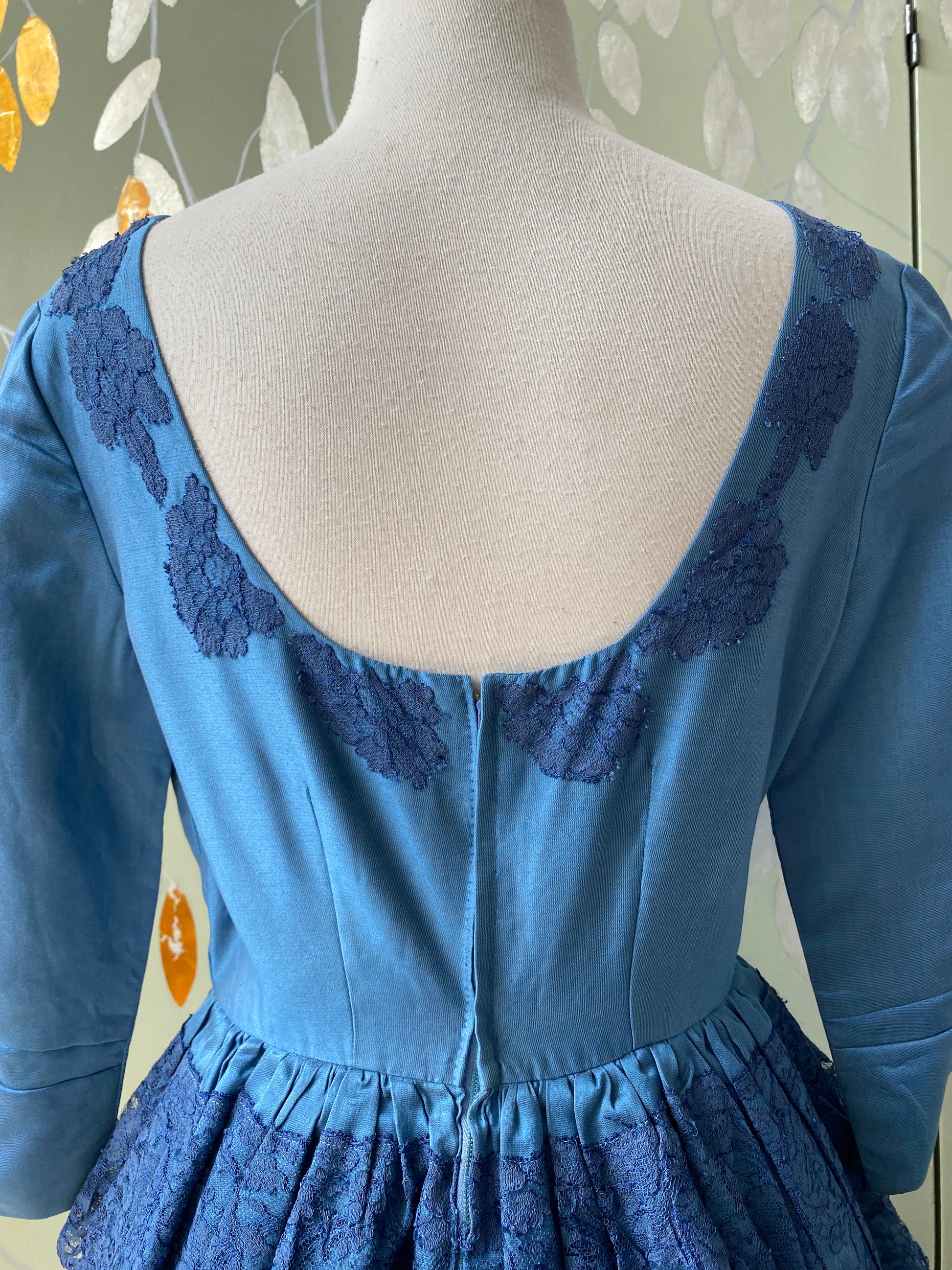 Vintage 1950s Blue Tiered Cocktail Dress with Lace, Small Ian Drummond Vintage Vintage 1950s Blue Tiered Cocktail Dress with Lace, Small Ian Drummond Vintage