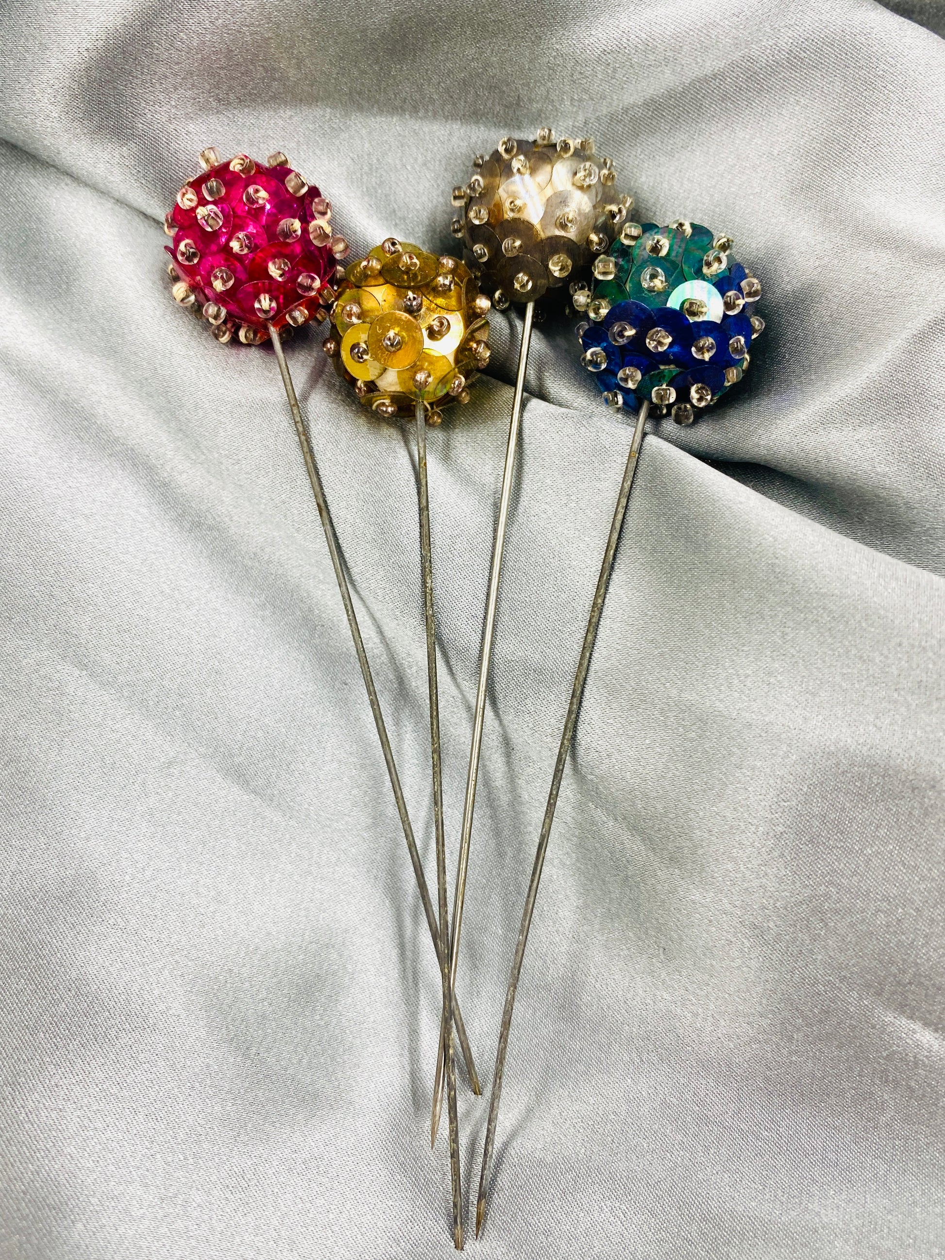 Vintage 1940s Multicolour Sequin Hat Pins x4