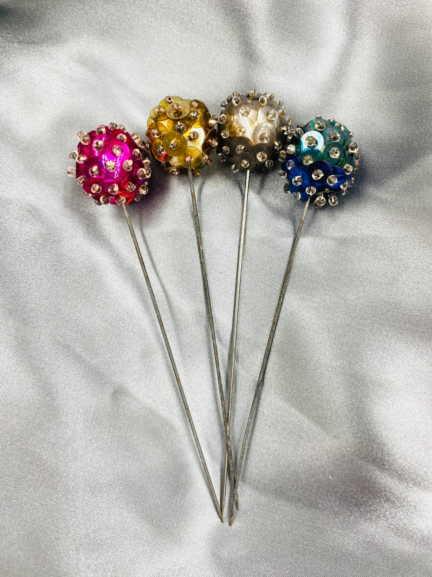 Vintage 1940s Multicolour Sequin Hat Pins x4