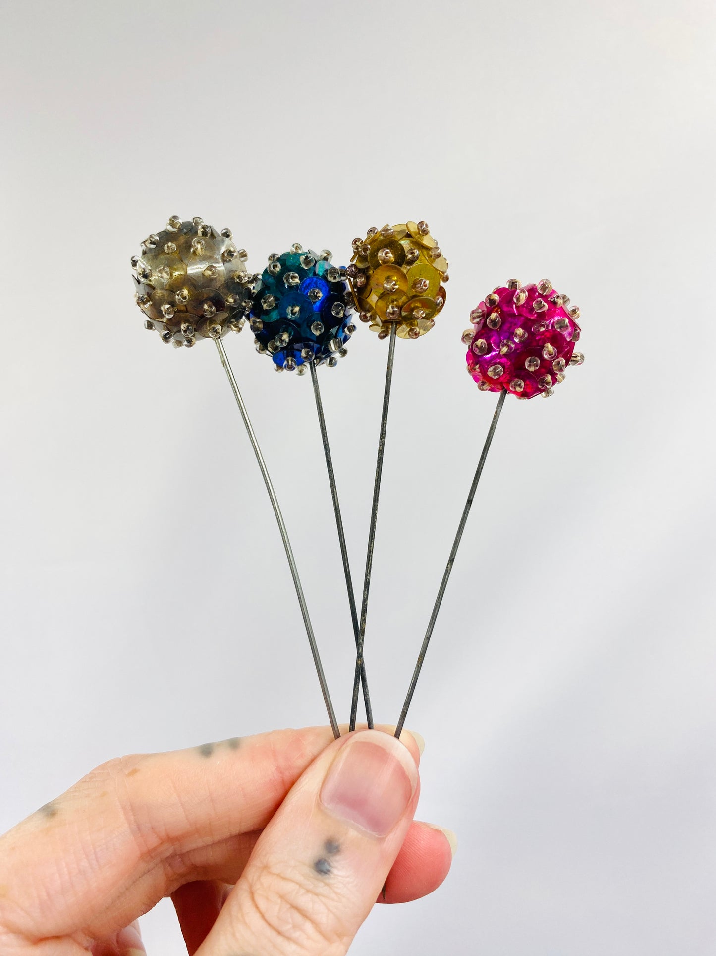 Vintage 1940s Multicolour Sequin Hat Pins x4