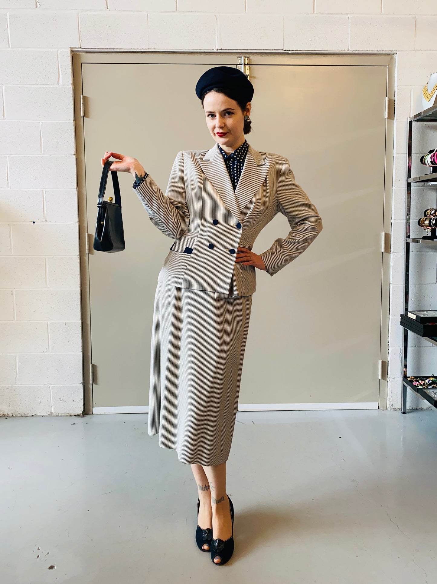 Vintage 1950s Navy & White Pin-Stripe Skirt Suit, Henry Rosenfeld, Small