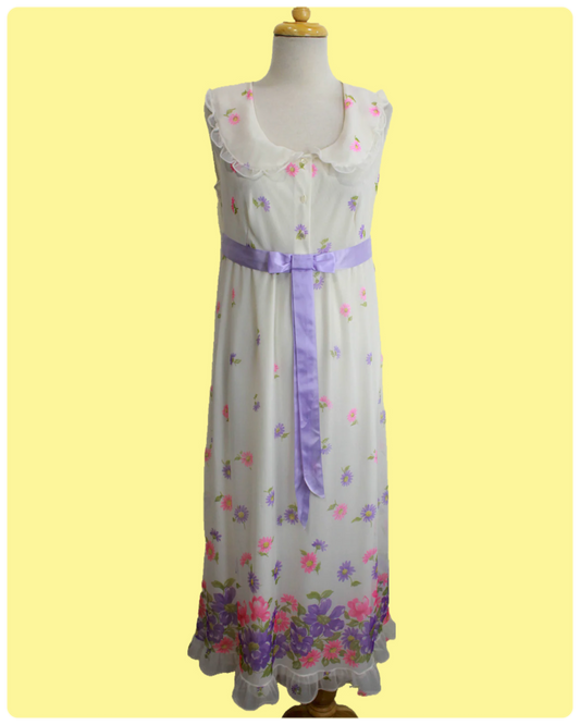 Vintage 1960s/70s Maxi Dress, White Chiffon with Lilac and Pink Floral Print, B36"