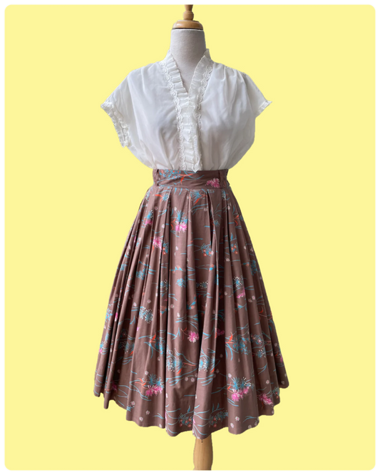 Vintage 1950s Brown Floral Print Pleated Skirt, XS