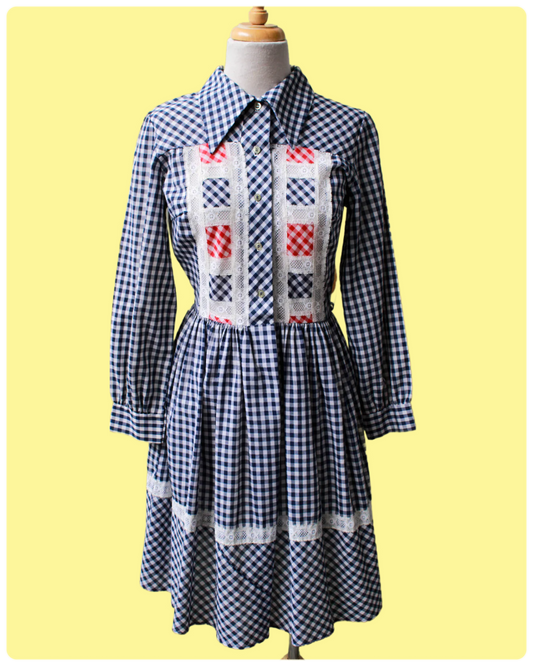 Vintage 1970s Blue Gingham Lace Dress, Small