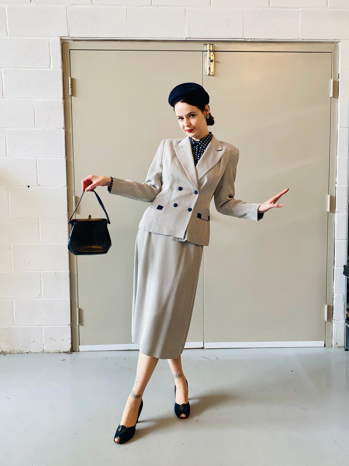 Vintage 1950s Navy & White Pin-Stripe Skirt Suit, Henry Rosenfeld, Small