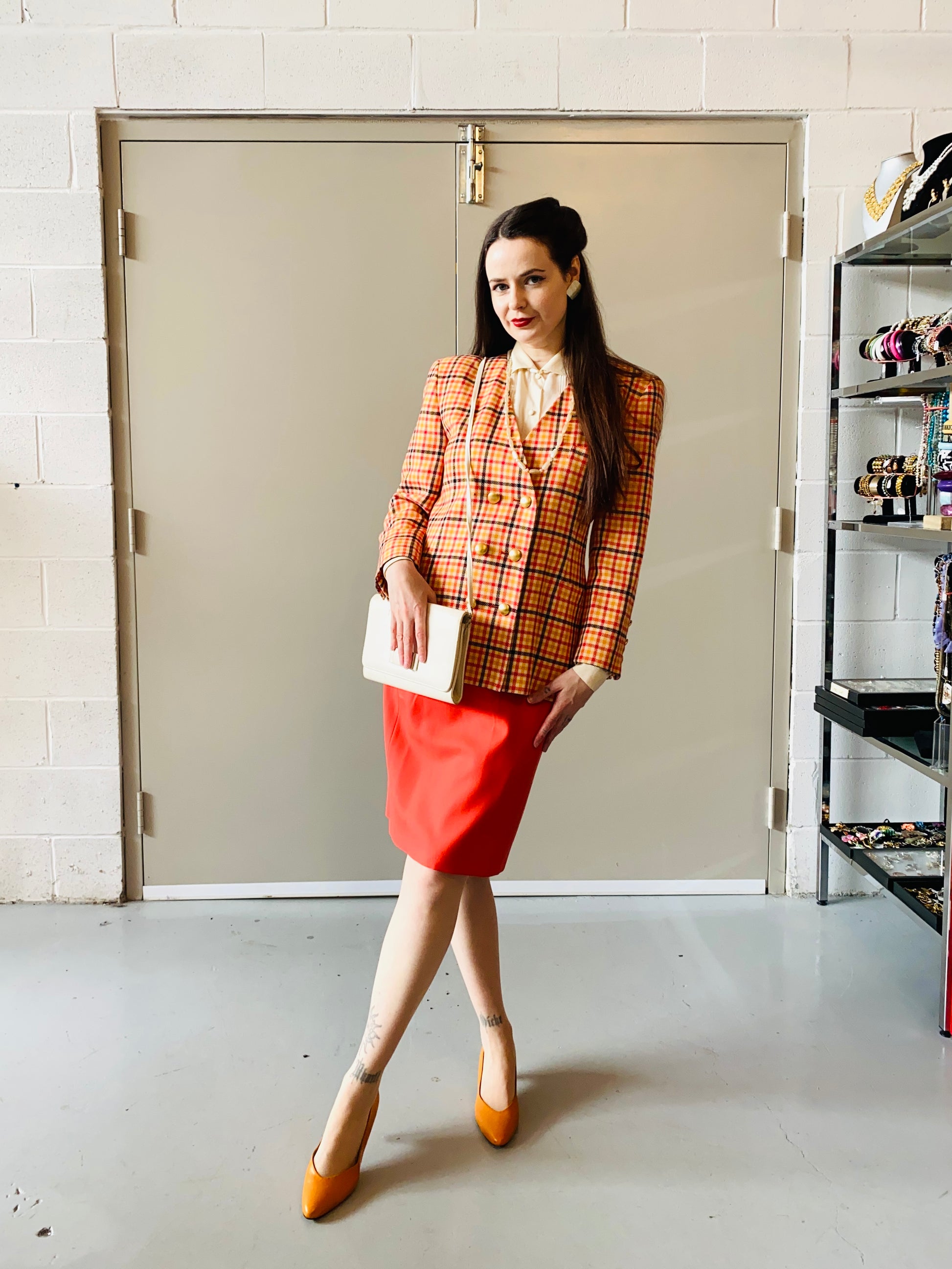Vintage 1980s Escada Orange and Pink Check Skirt Suit, Medium