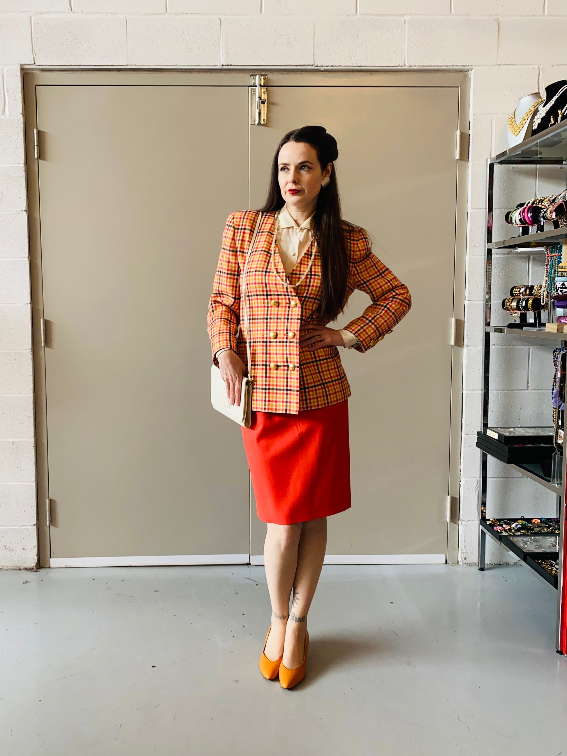 Vintage 1980s Escada Orange and Pink Check Skirt Suit, Medium