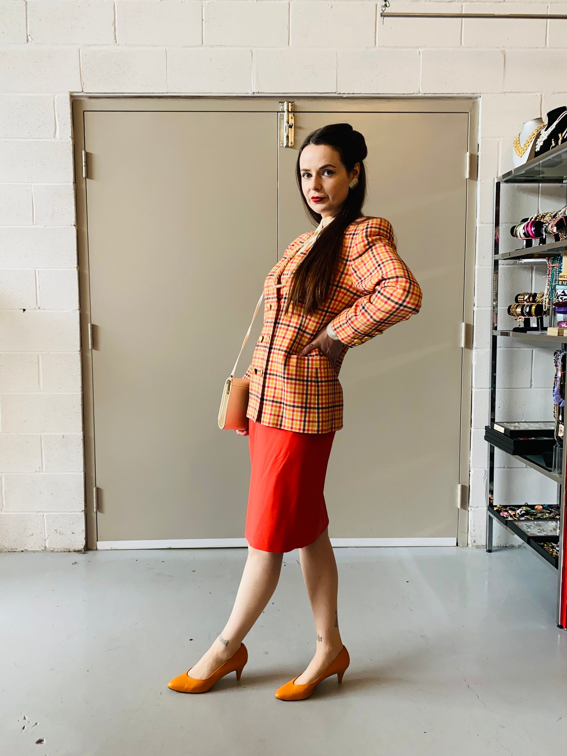 Vintage 1980s Escada Orange and Pink Check Skirt Suit, Medium