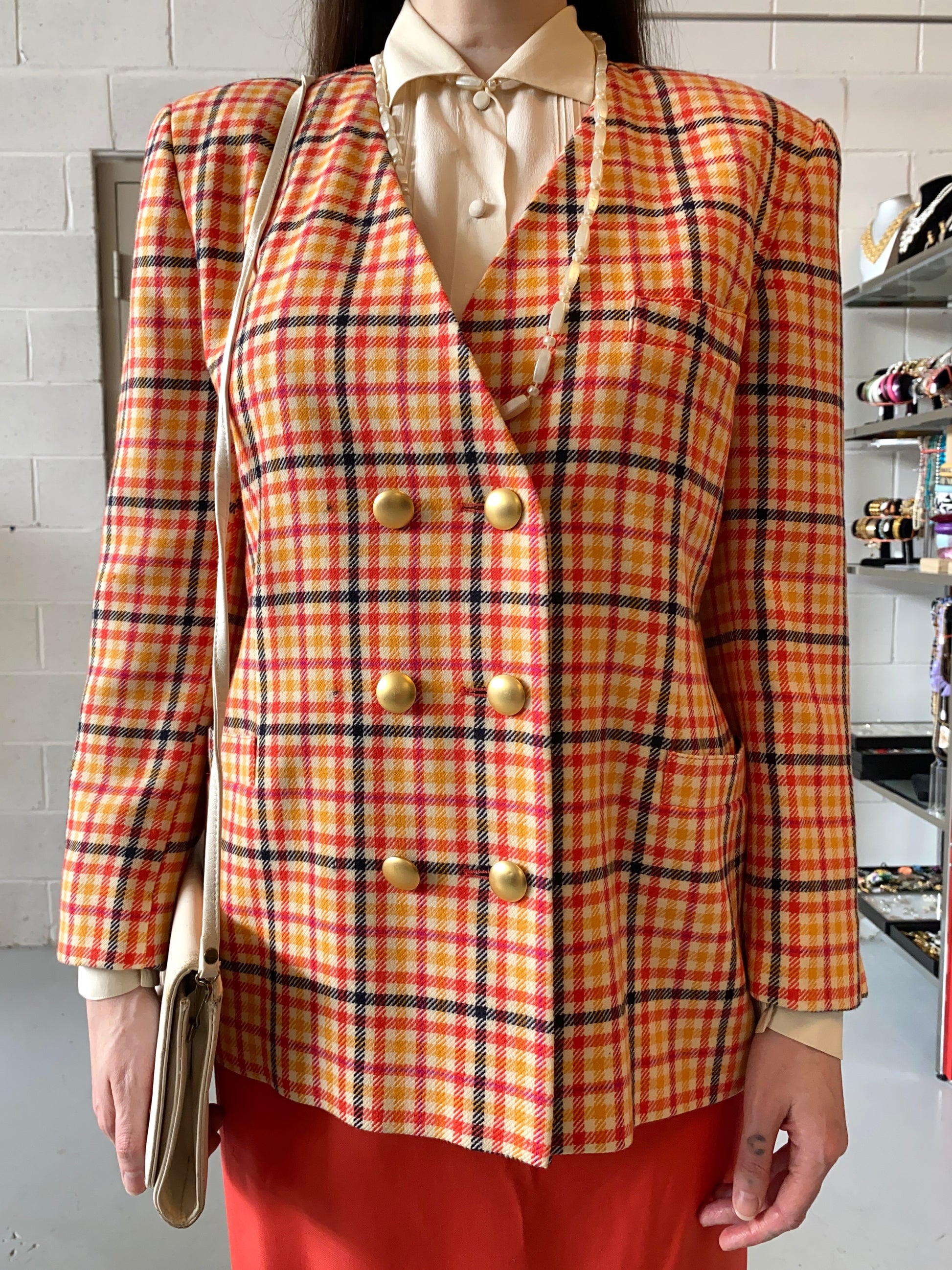 Vintage 1980s Escada Orange and Pink Check Skirt Suit, Medium