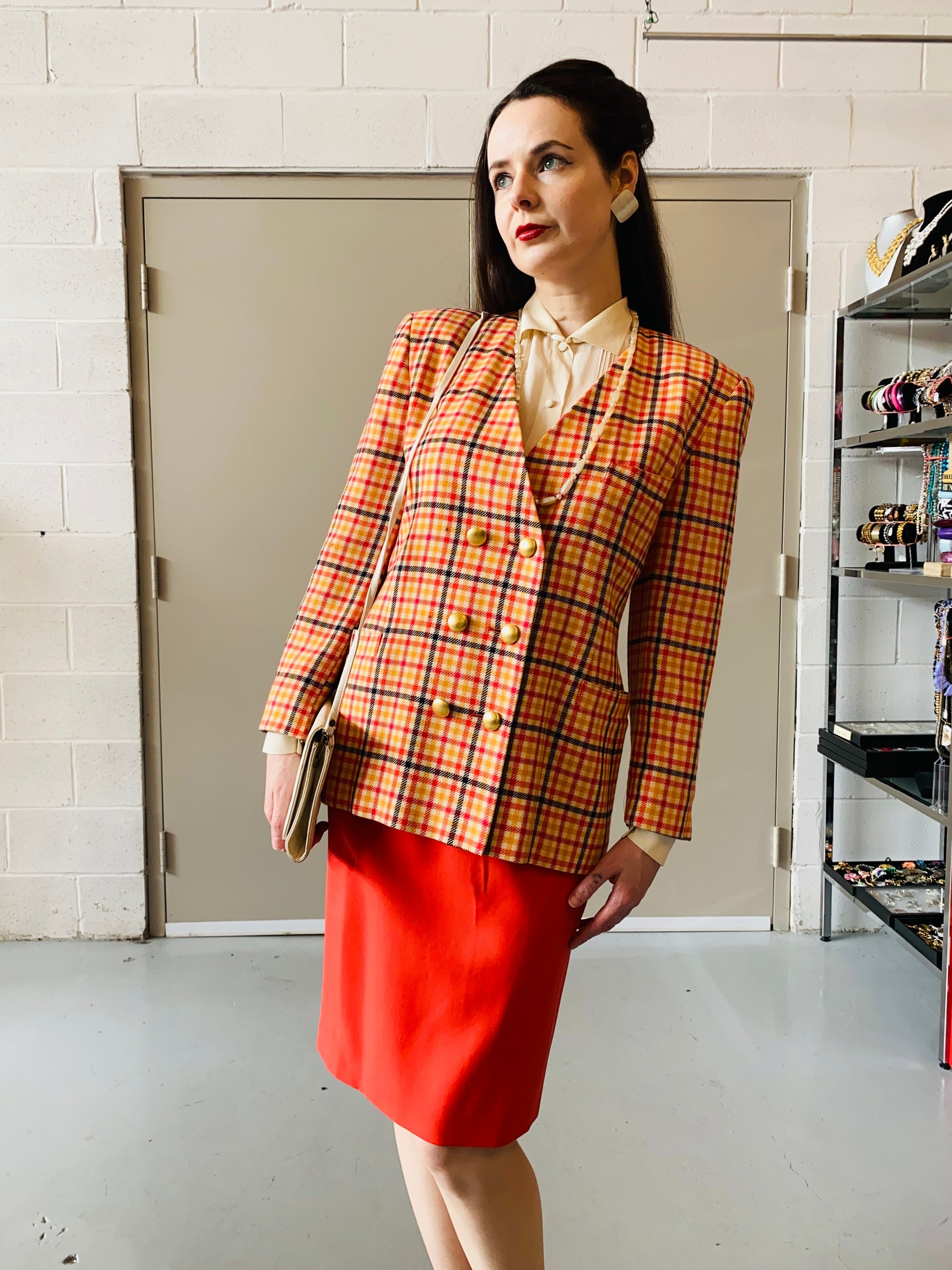 Vintage 1980s Escada Orange and Pink Check Skirt Suit, Medium