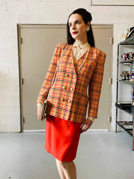 Vintage 1980s Escada Orange and Pink Check Skirt Suit, Medium