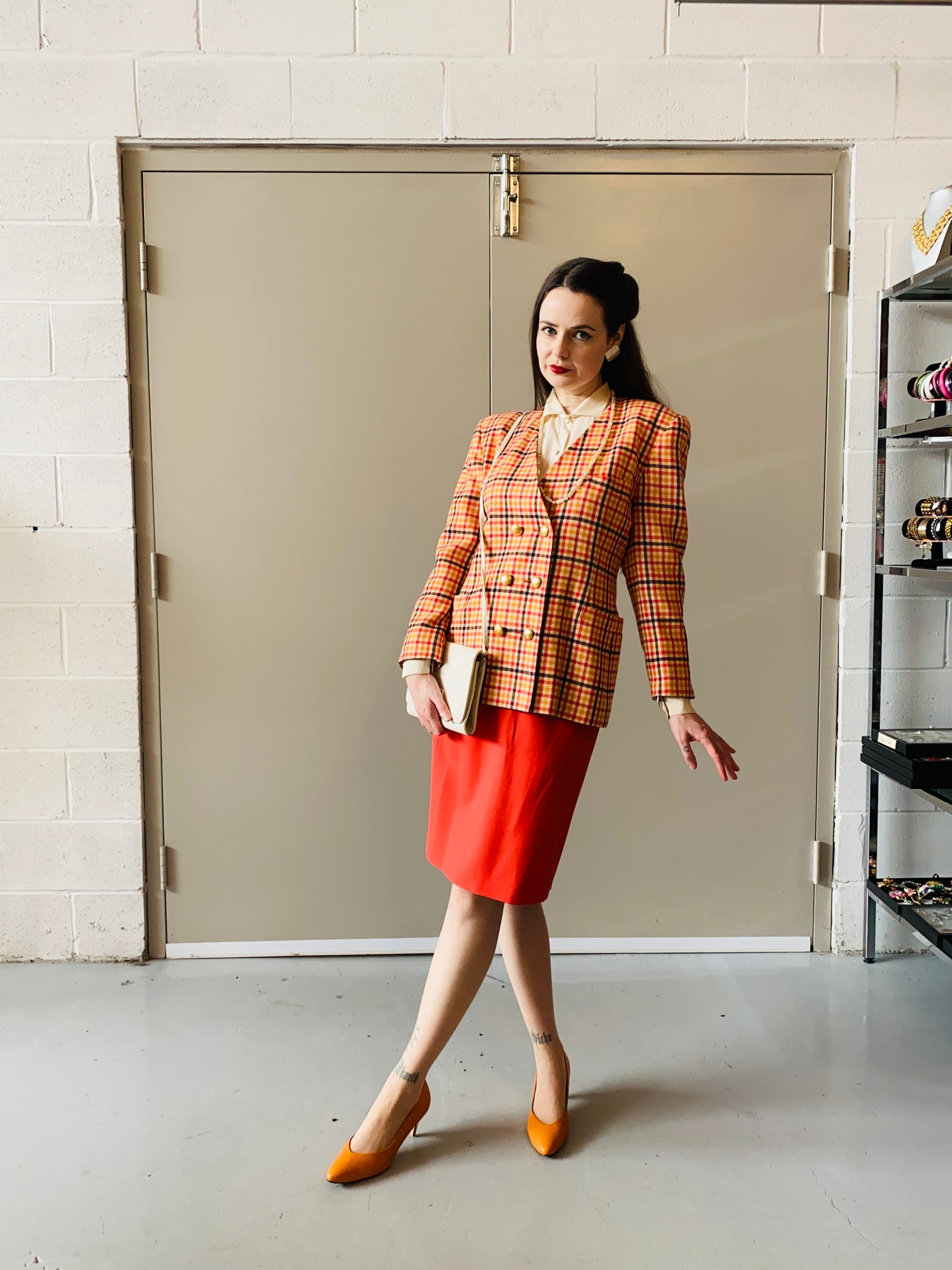 Vintage 1980s Escada Orange and Pink Check Skirt Suit, Medium