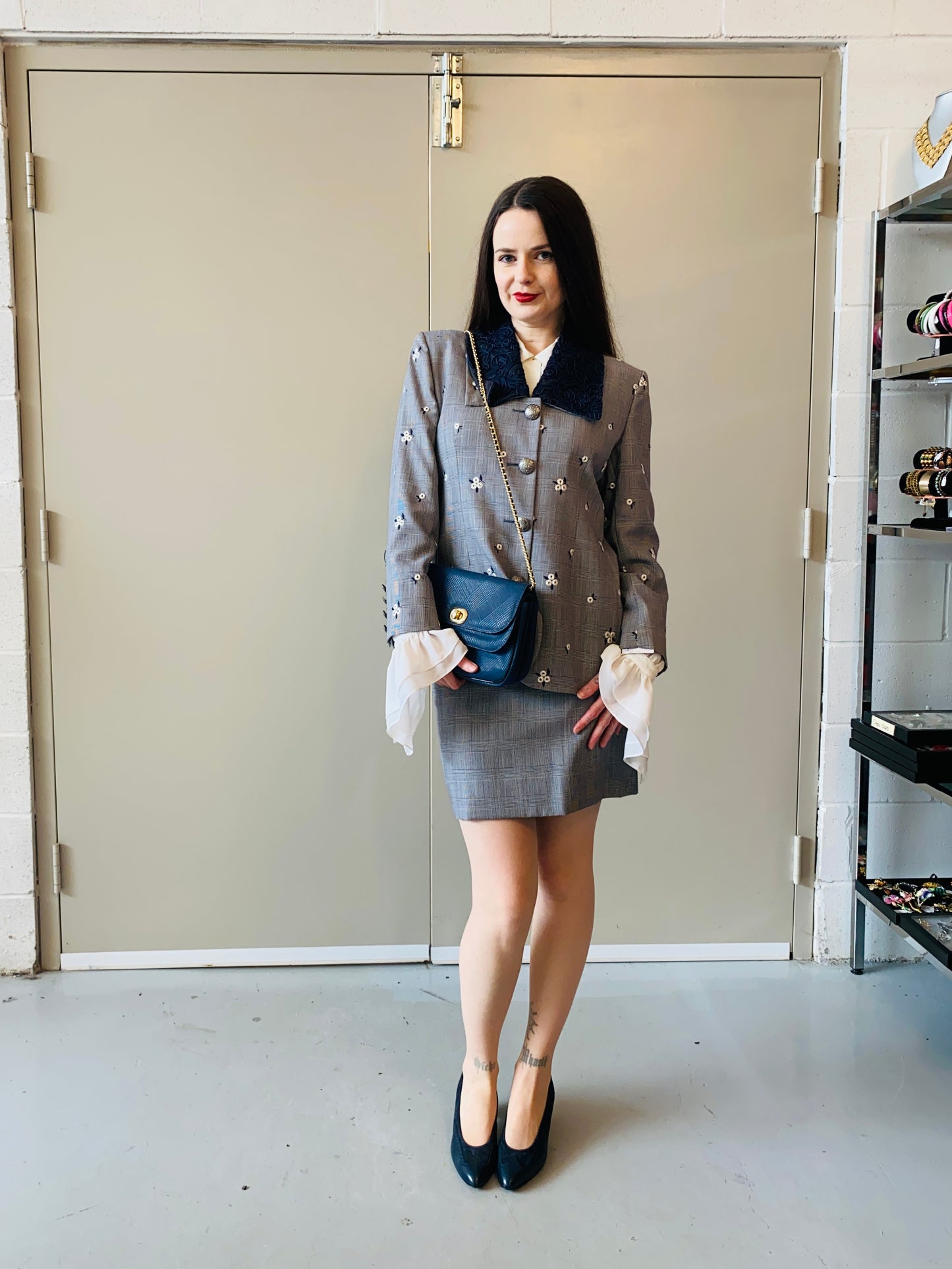 Vintage 1990s Navy and White Glen Check Embroidered Skirt Suit, Lace Collar, Small