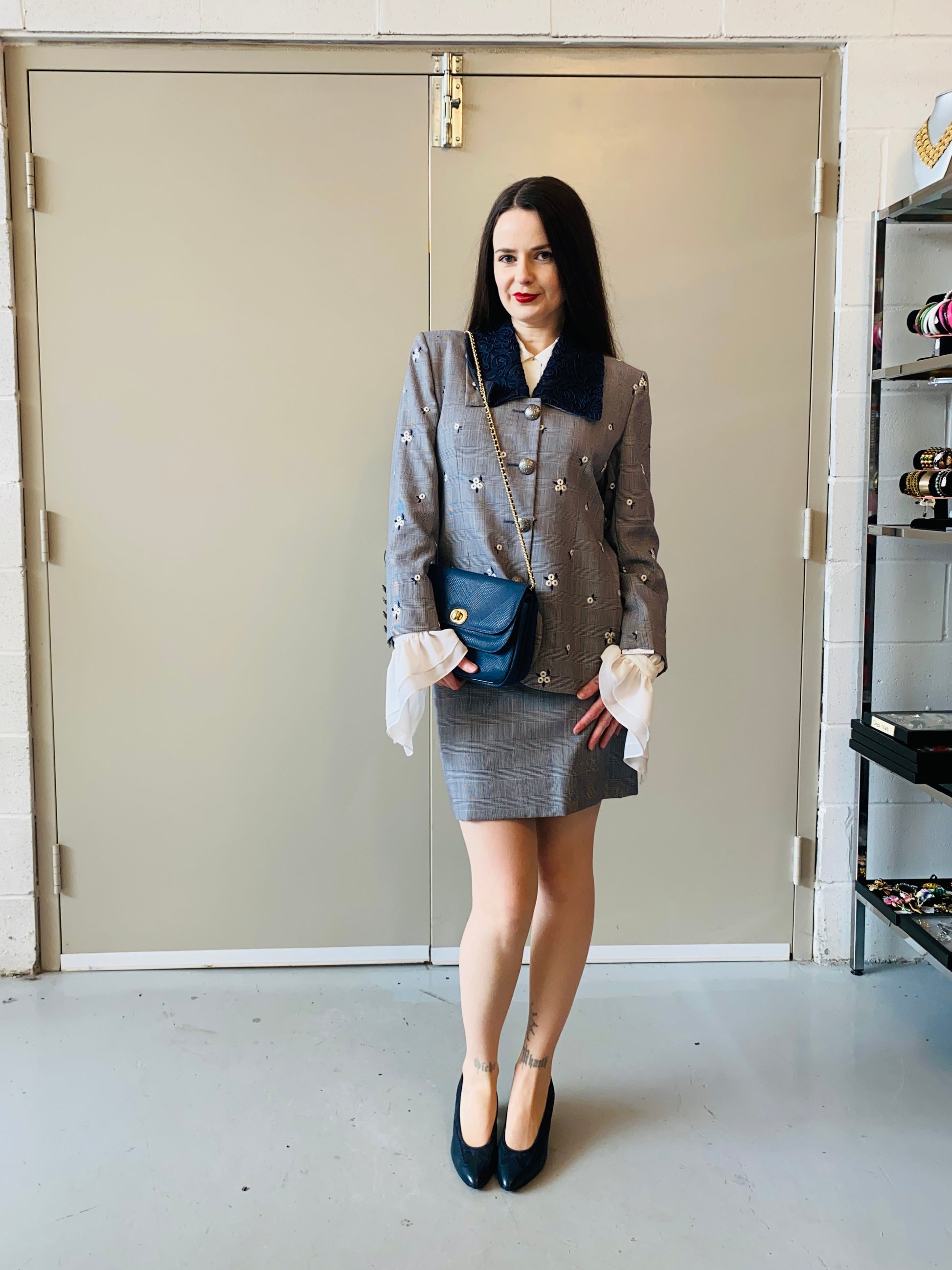 Vintage 1990s Navy and White Glen Check Embroidered Skirt Suit, Lace Collar, Small