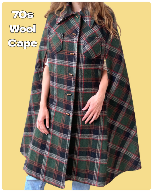 Vintage 1970s Green & Red Plaid Wool Cape