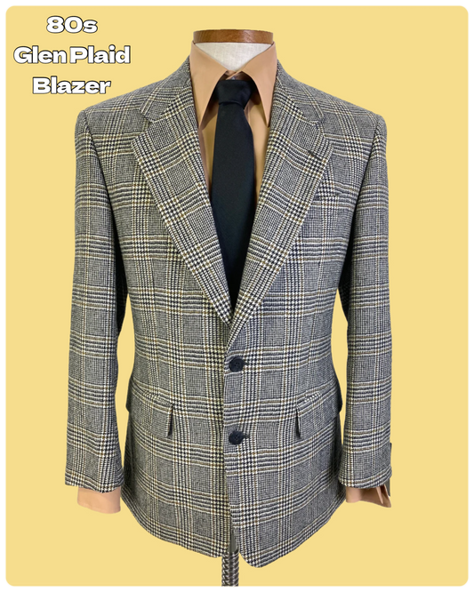 Vintage 1980s Vintage Black/ Cream Glen Plaid Check Men's Blazer, 40R