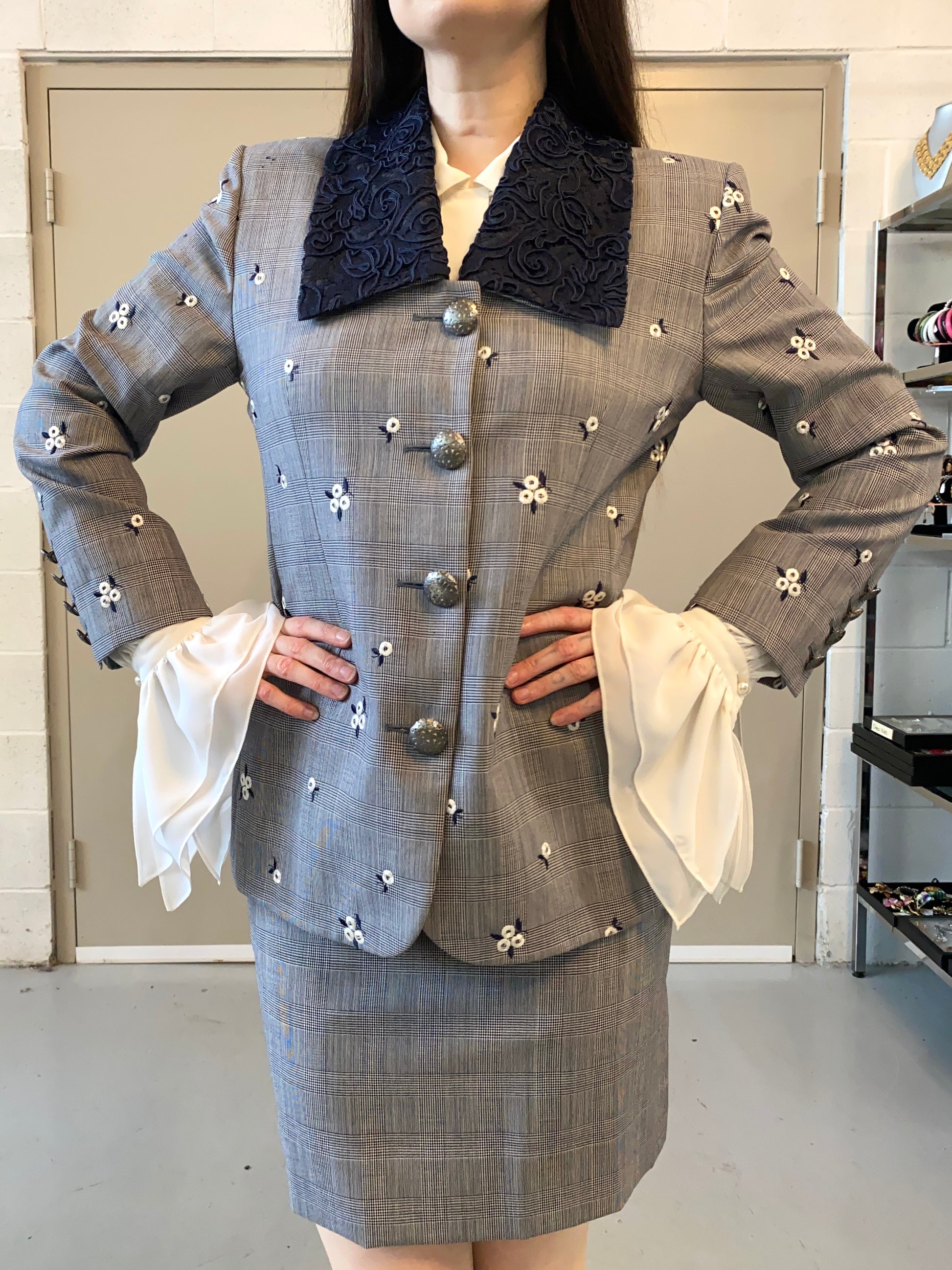 Vintage 1990s Navy and White Glen Check Embroidered Skirt Suit, Lace Collar, Small