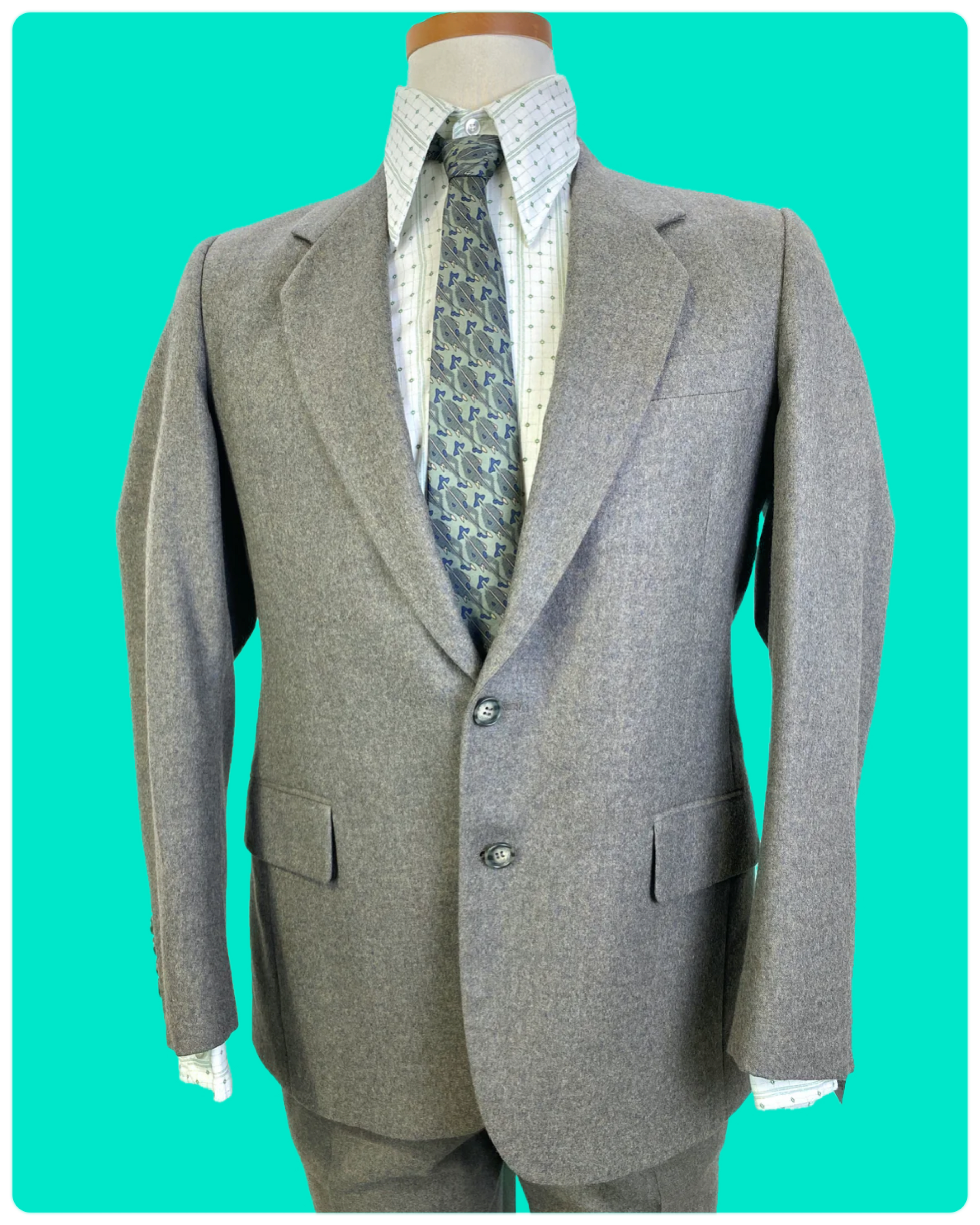 Vintage 1980s Grey-Green Yves Saint Laurent Wool Flannel 2-Piece Suit, YSL, 40R