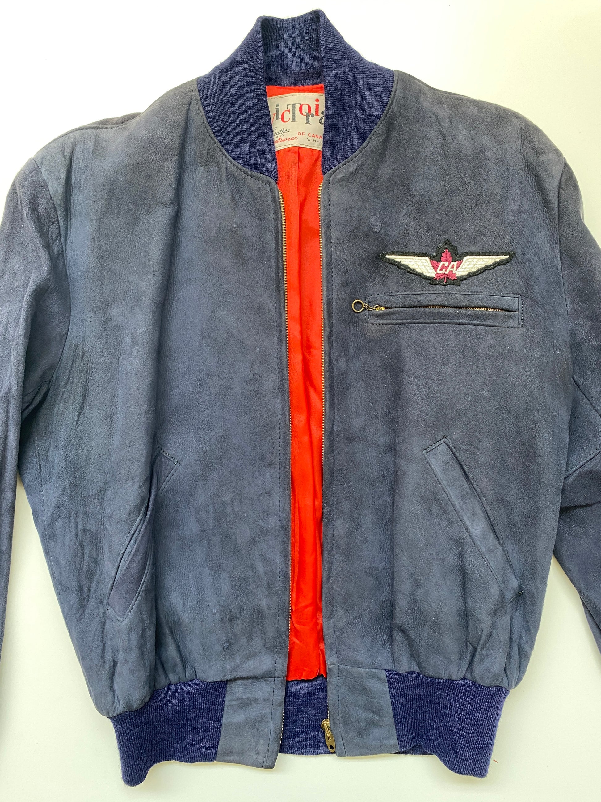 Vintage 1950s Men's Navy Suede Canadian Bomber Jacket, Small 
