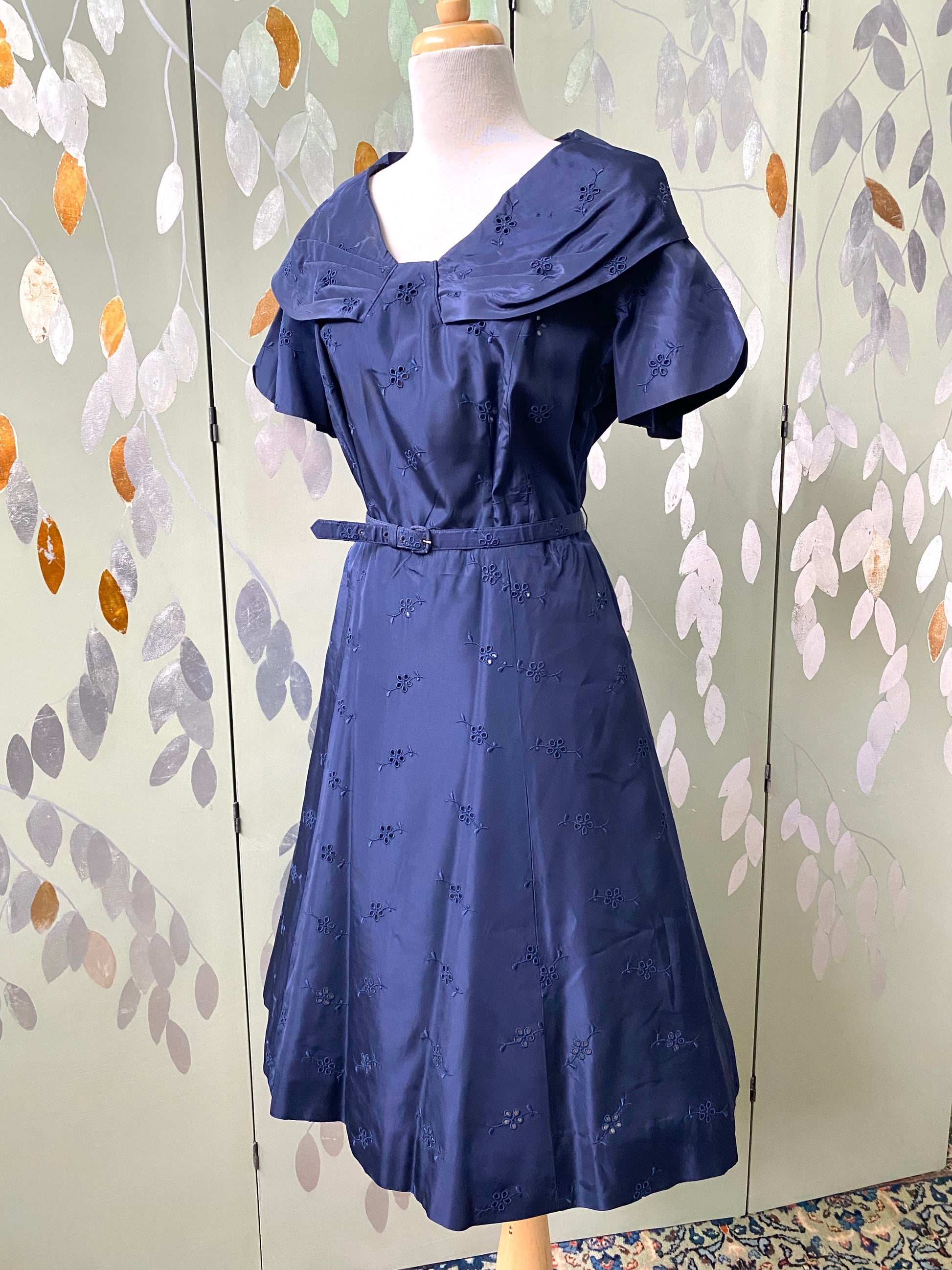 Vintage 1950s Navy Blue Taffeta Cocktail Dress, Large 
