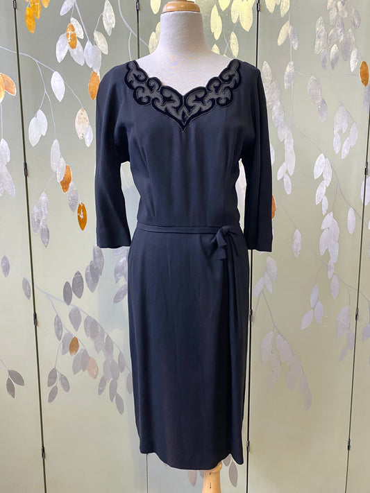 Vintage 1950s Black Crepe Sheath Dress with Velvet Neckline, Medium 