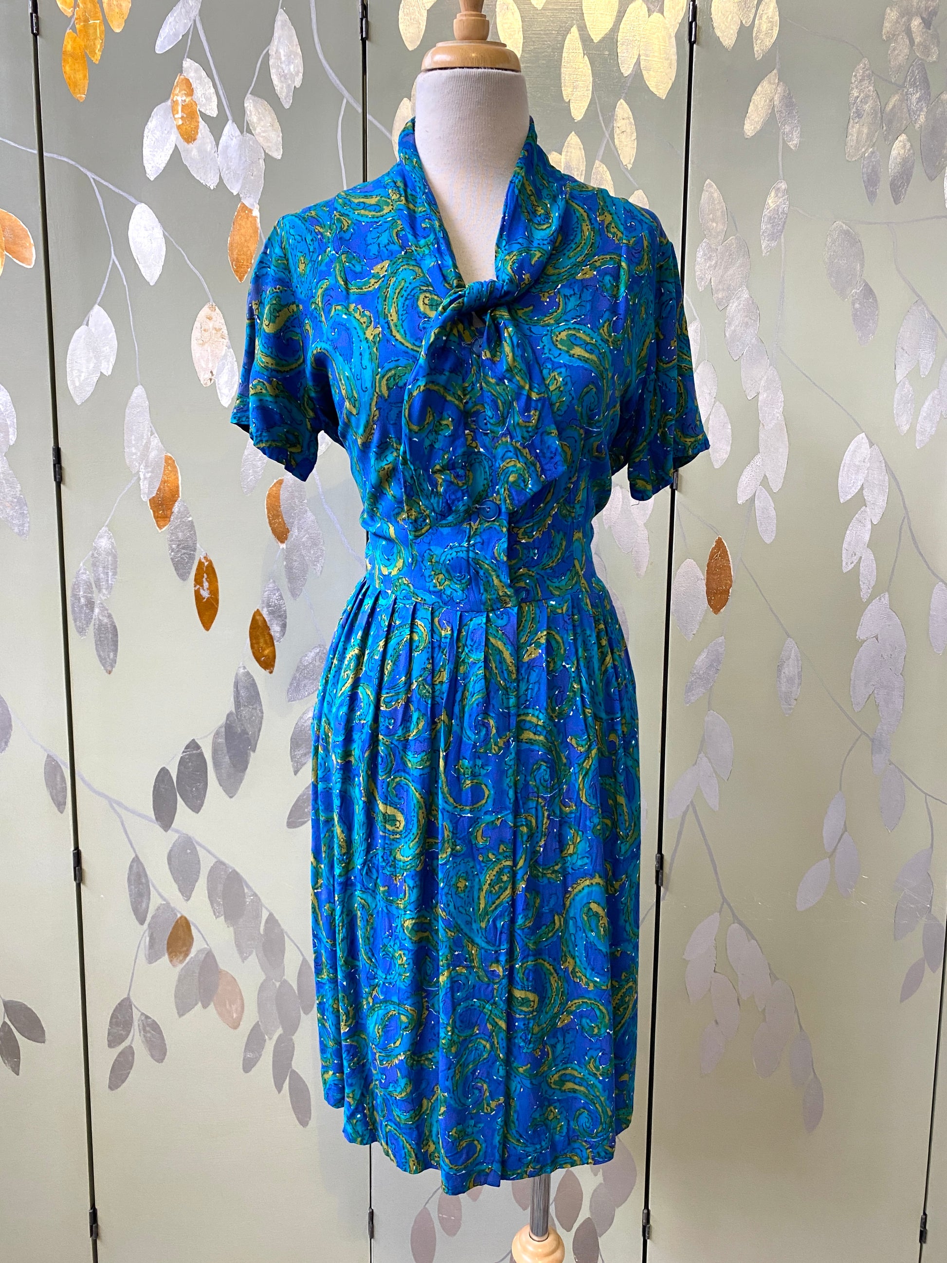 Vintage 1950s Jewel Tone Abstract Print Day Dress, Large