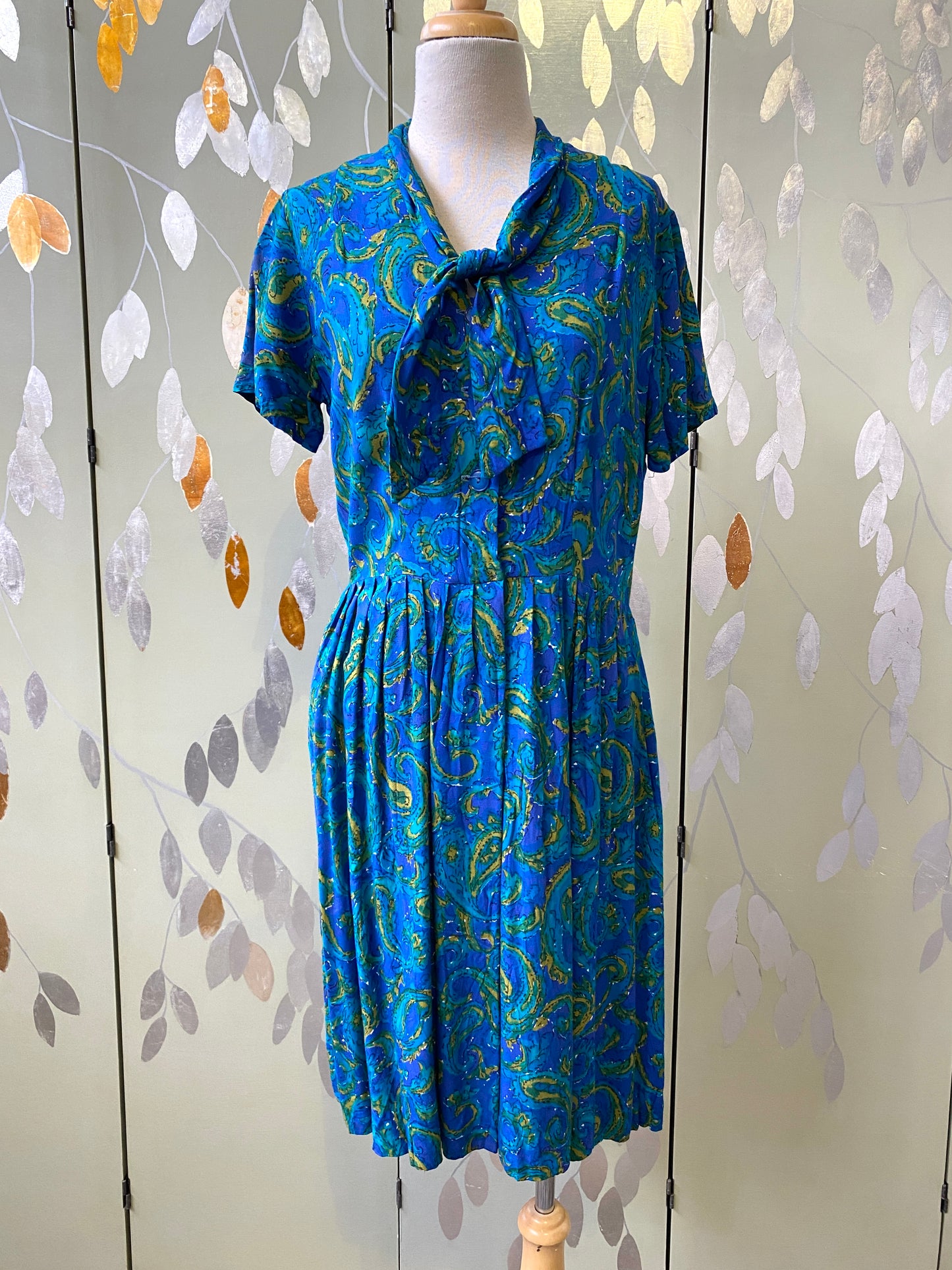 Vintage 1950s Jewel Tone Abstract Print Day Dress, Large
