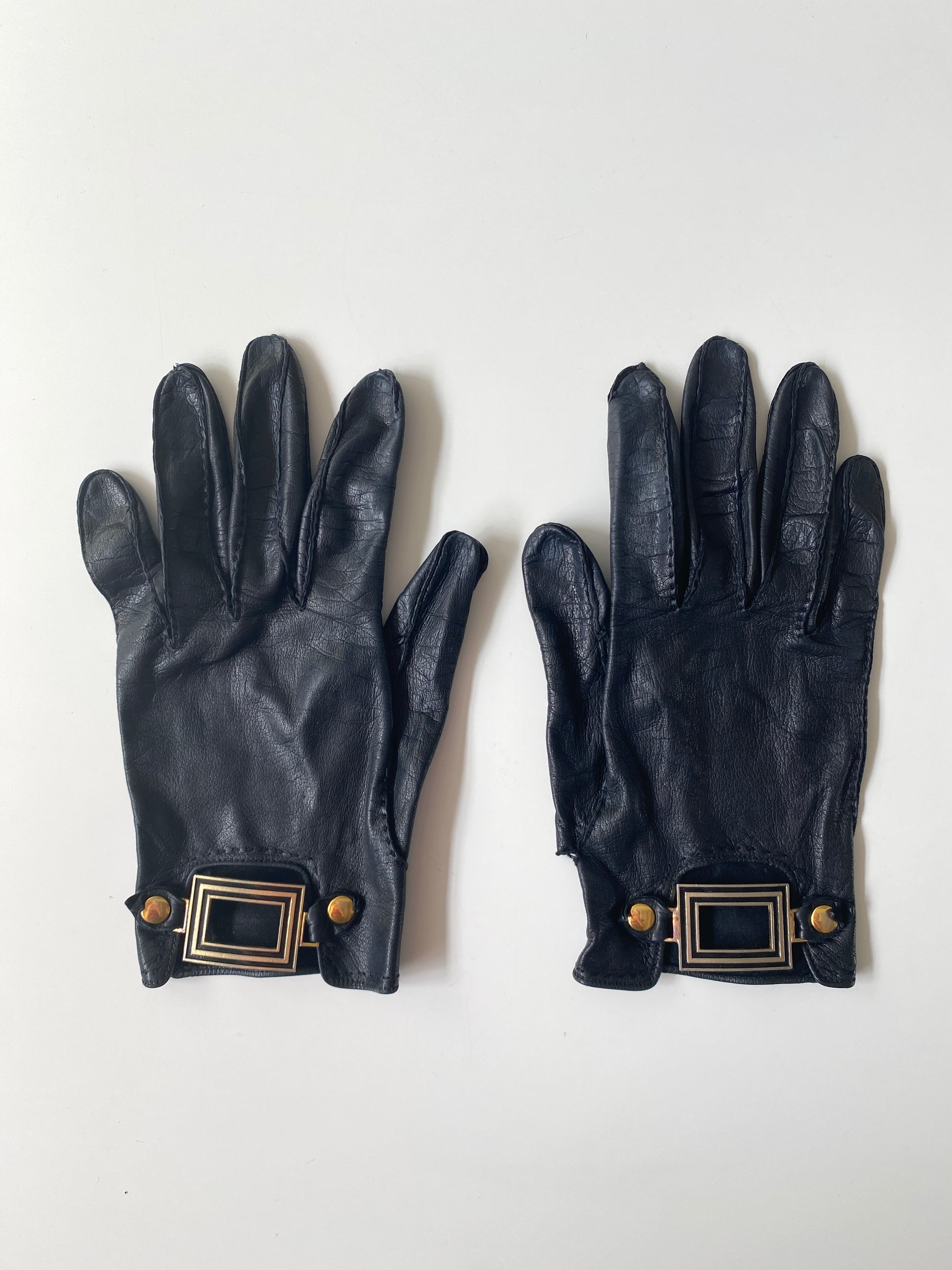 Vintage 1980s Black Leather Cropped Gloves with Black and Gold Buckle, Small 