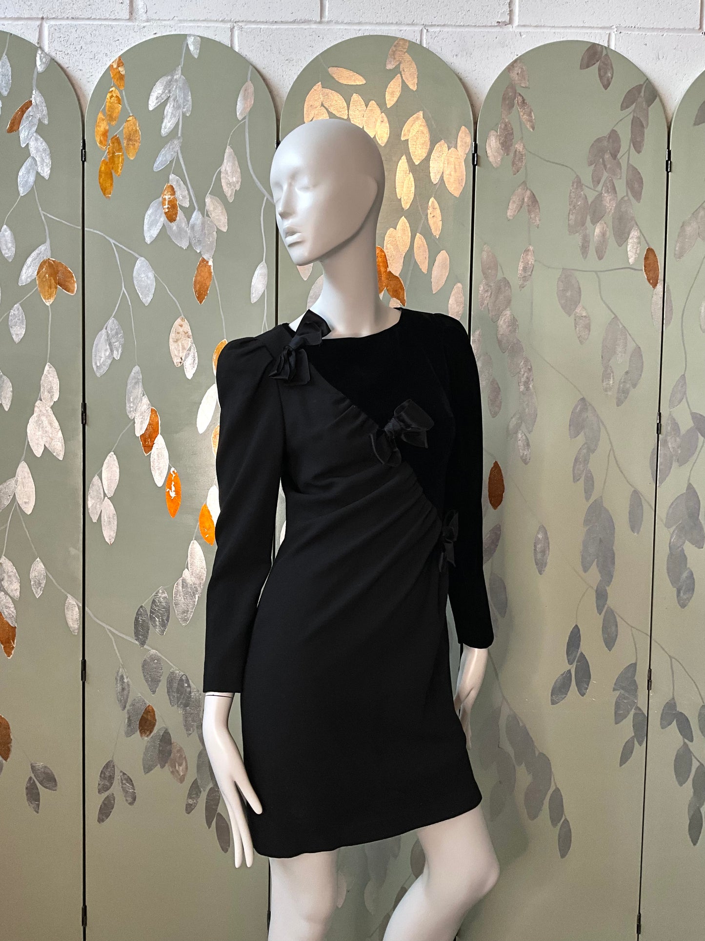 Vintage 1980s Black Velvet and Crepe Designer Dress with Bows, Small 