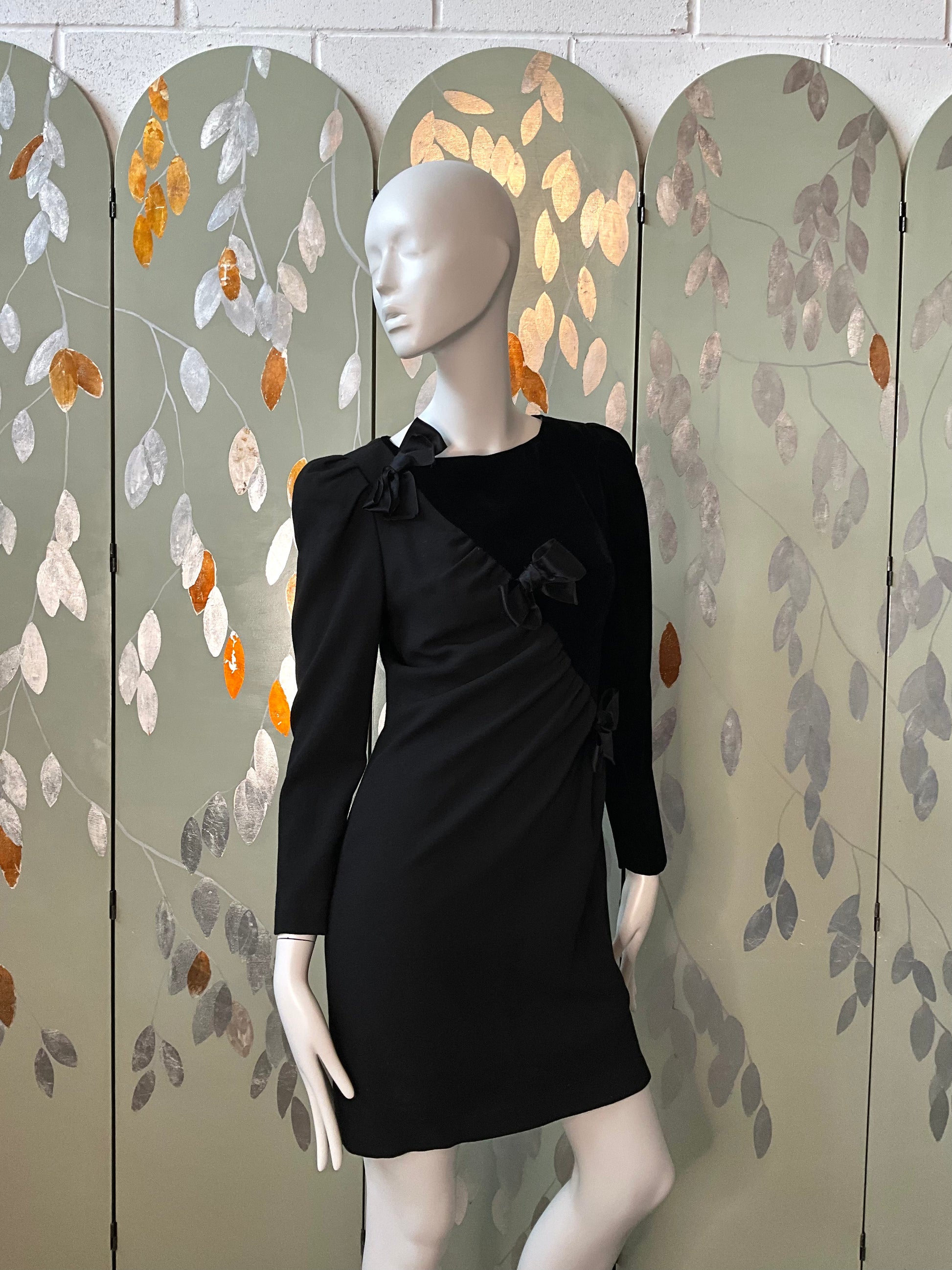 Vintage 1980s Black Velvet and Crepe Designer Dress with Bows, Small 