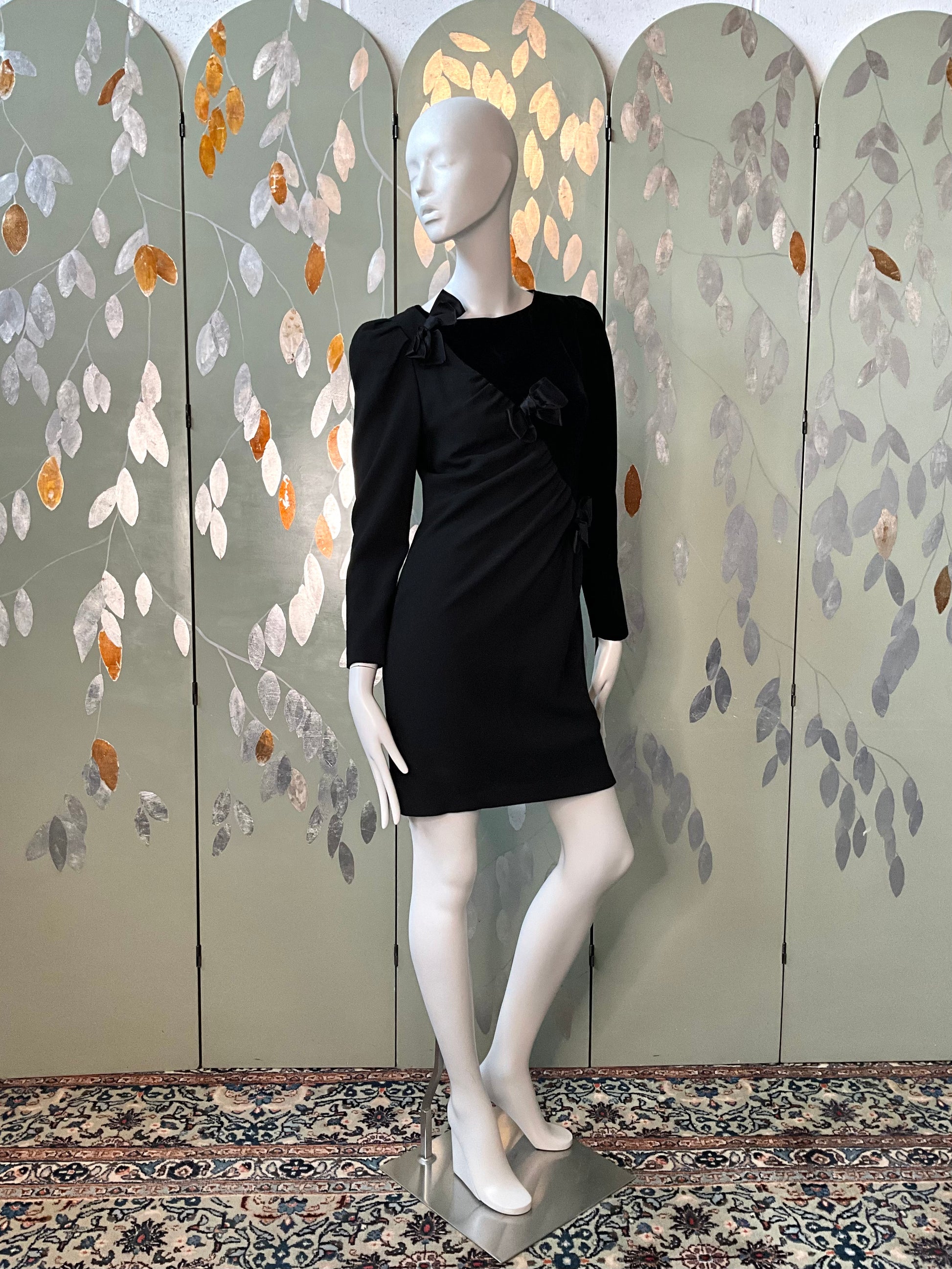 Vintage 1980s Black Velvet and Crepe Designer Dress with Bows, Small 