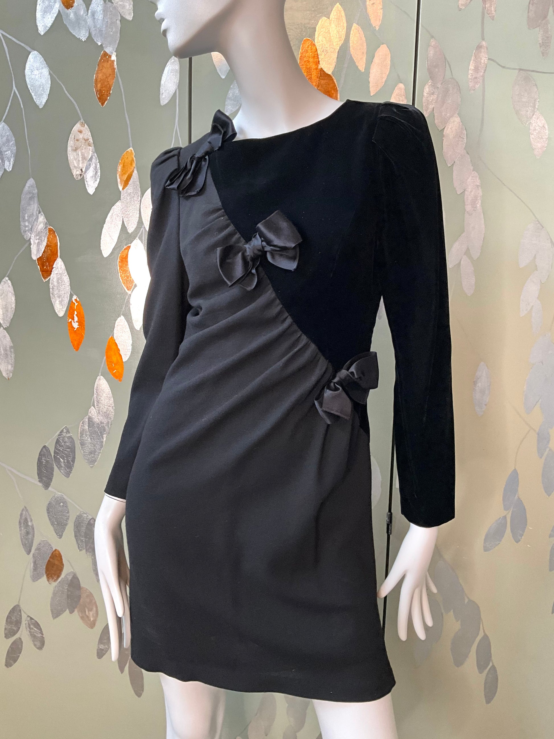 Vintage 1980s Black Velvet and Crepe Designer Dress with Bows, Small 