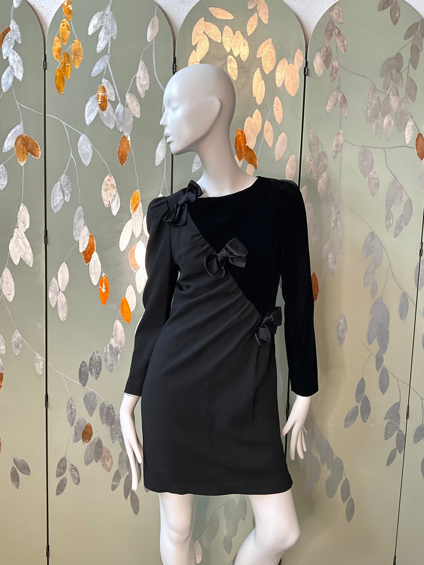 Vintage 1980s Black Velvet and Crepe Designer Dress with Bows, Small 