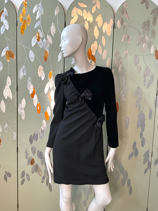 Vintage 1980s Black Velvet and Crepe Designer Dress with Bows, Small 