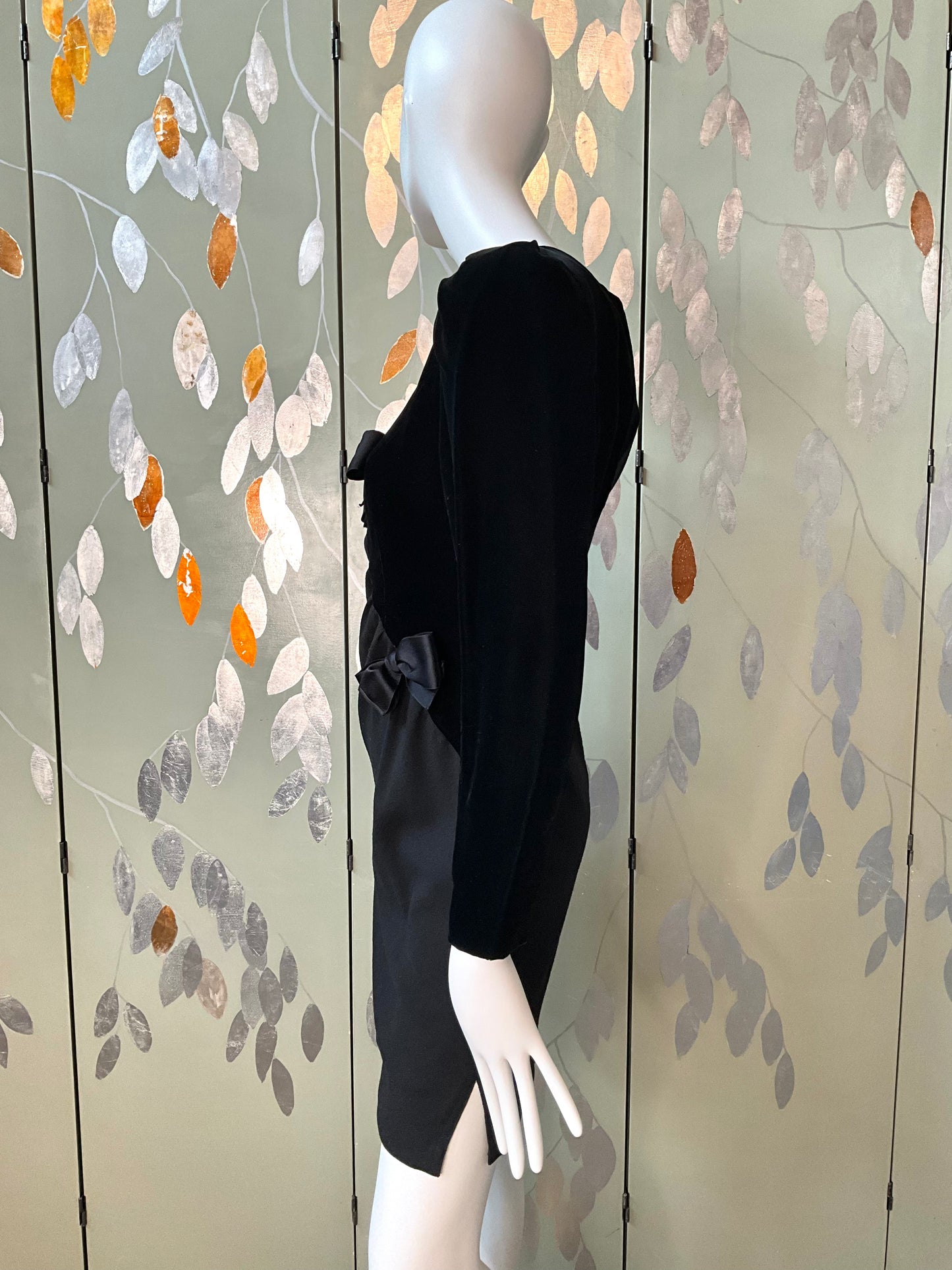 Vintage 1980s Black Velvet and Crepe Designer Dress with Bows, Small 