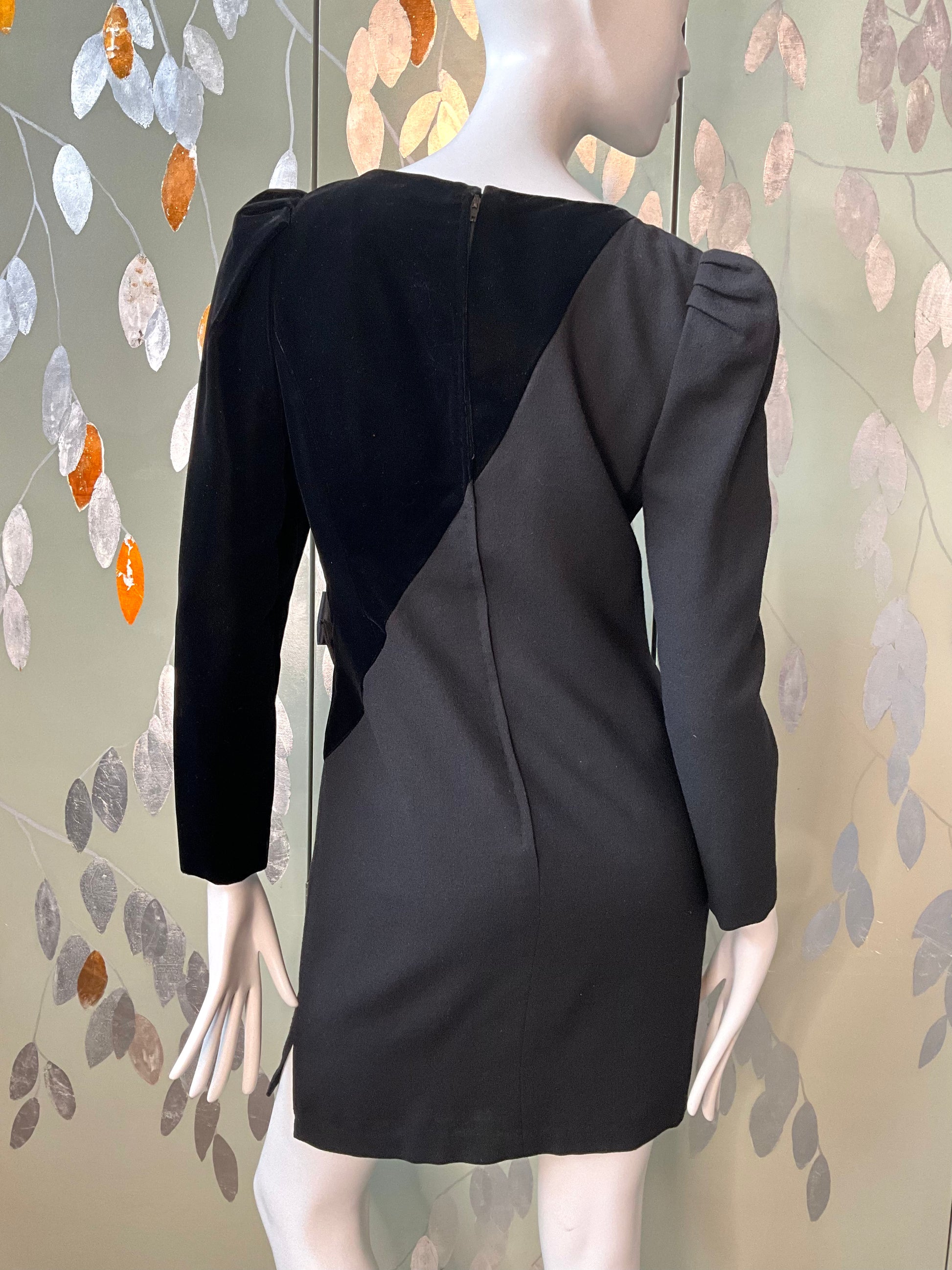 Vintage 1980s Black Velvet and Ruched Crepe Designer Dress with Bows, Small