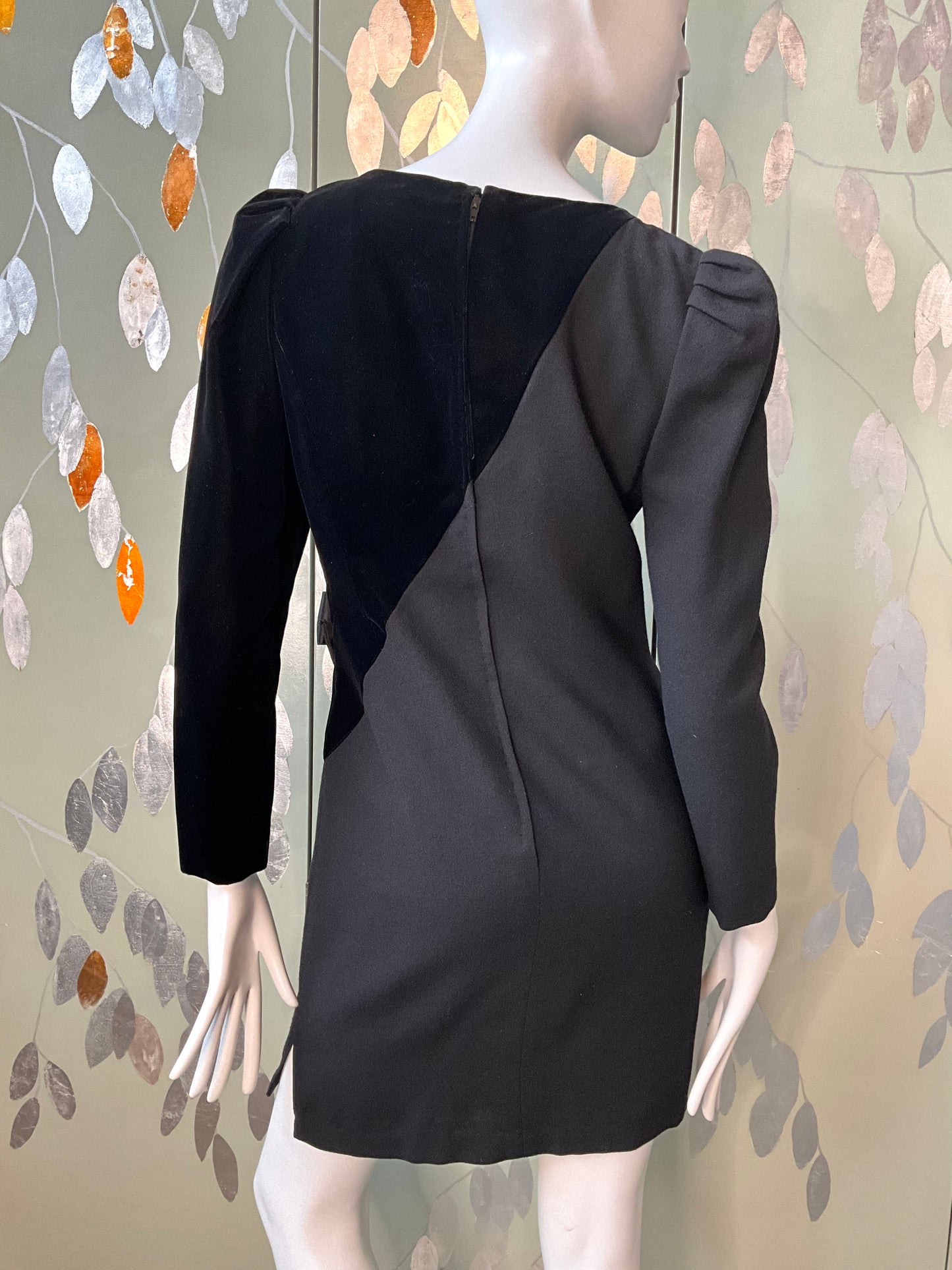 Vintage 1980s Black Velvet and Crepe Designer Dress with Bows, Small 