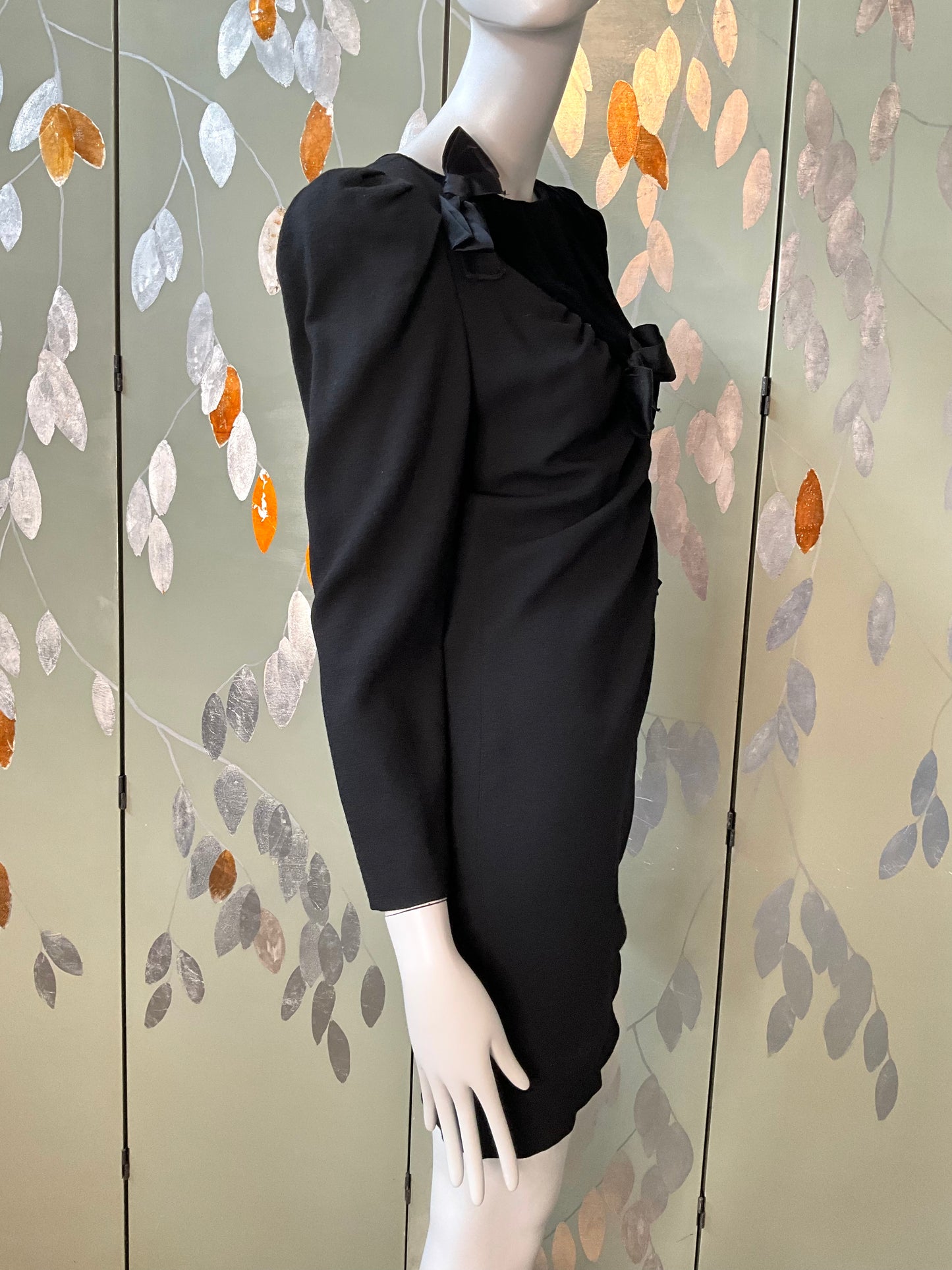 Vintage 1980s Black Velvet and Crepe Designer Dress with Bows, Small 